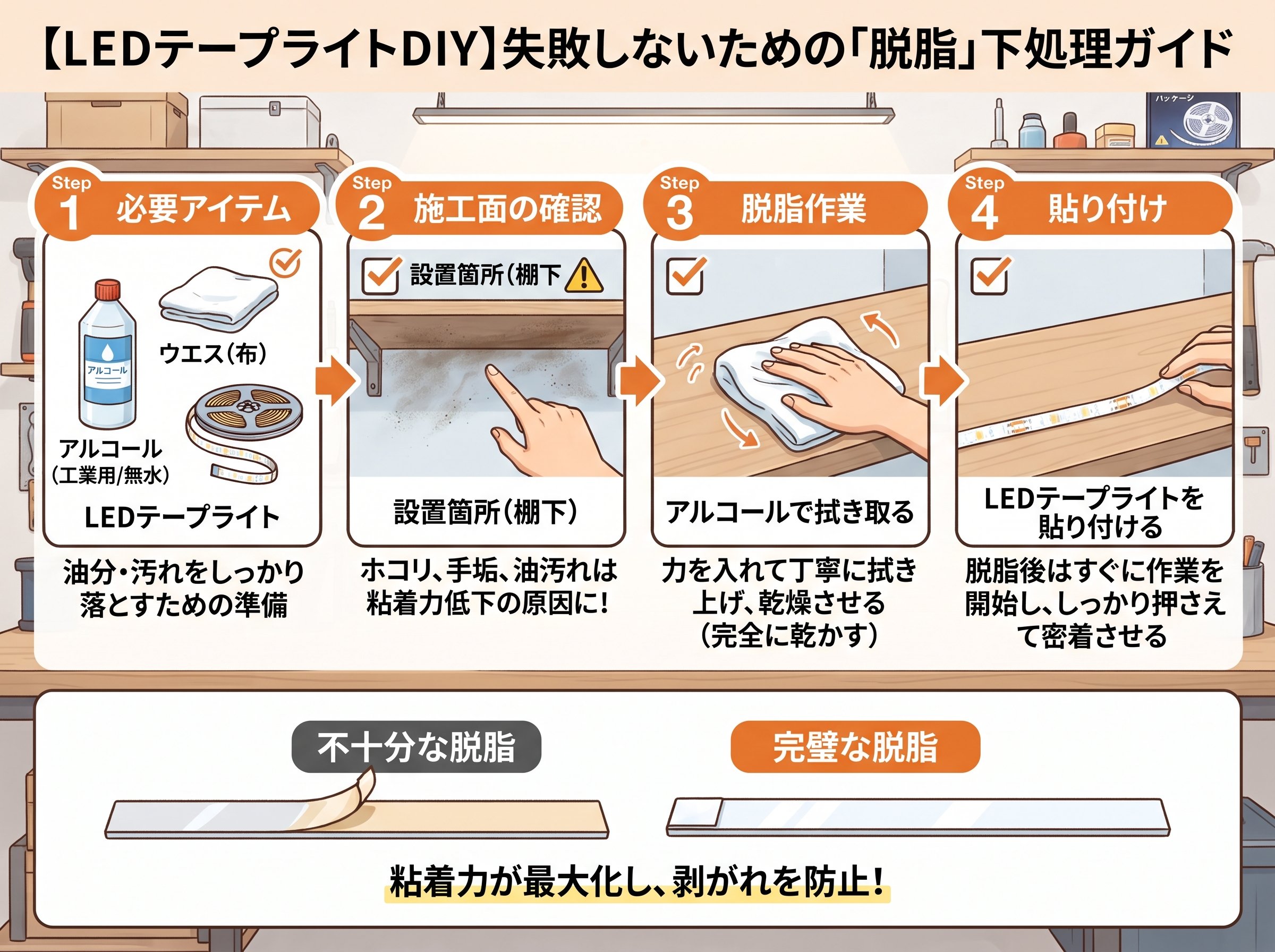 LEDテープライト貼り方の前に必要な「脱脂」下処理