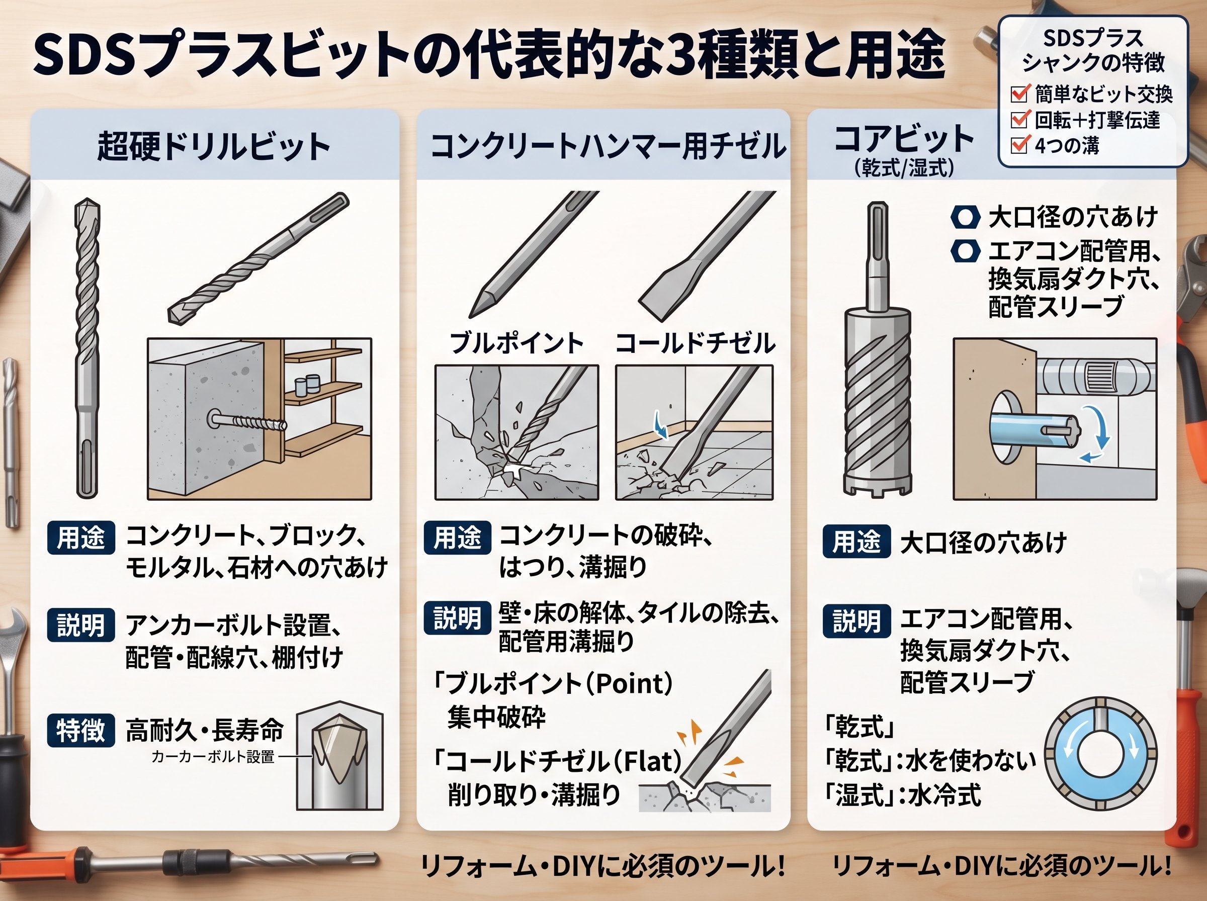 SDSプラスビットの代表的な3種類と用途