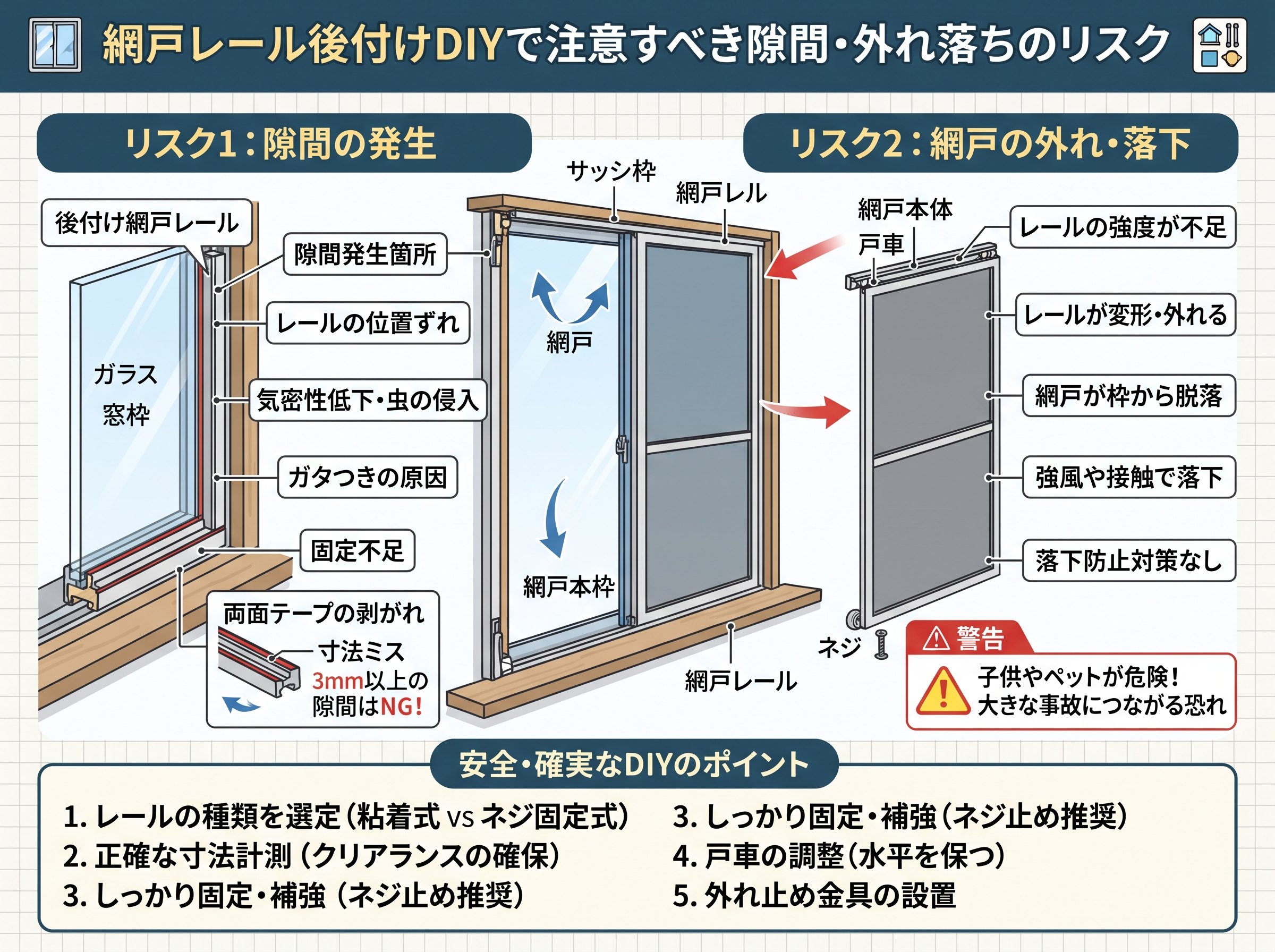 網戸レール後付けDIYで注意すべき隙間・外れ落ちのリスク