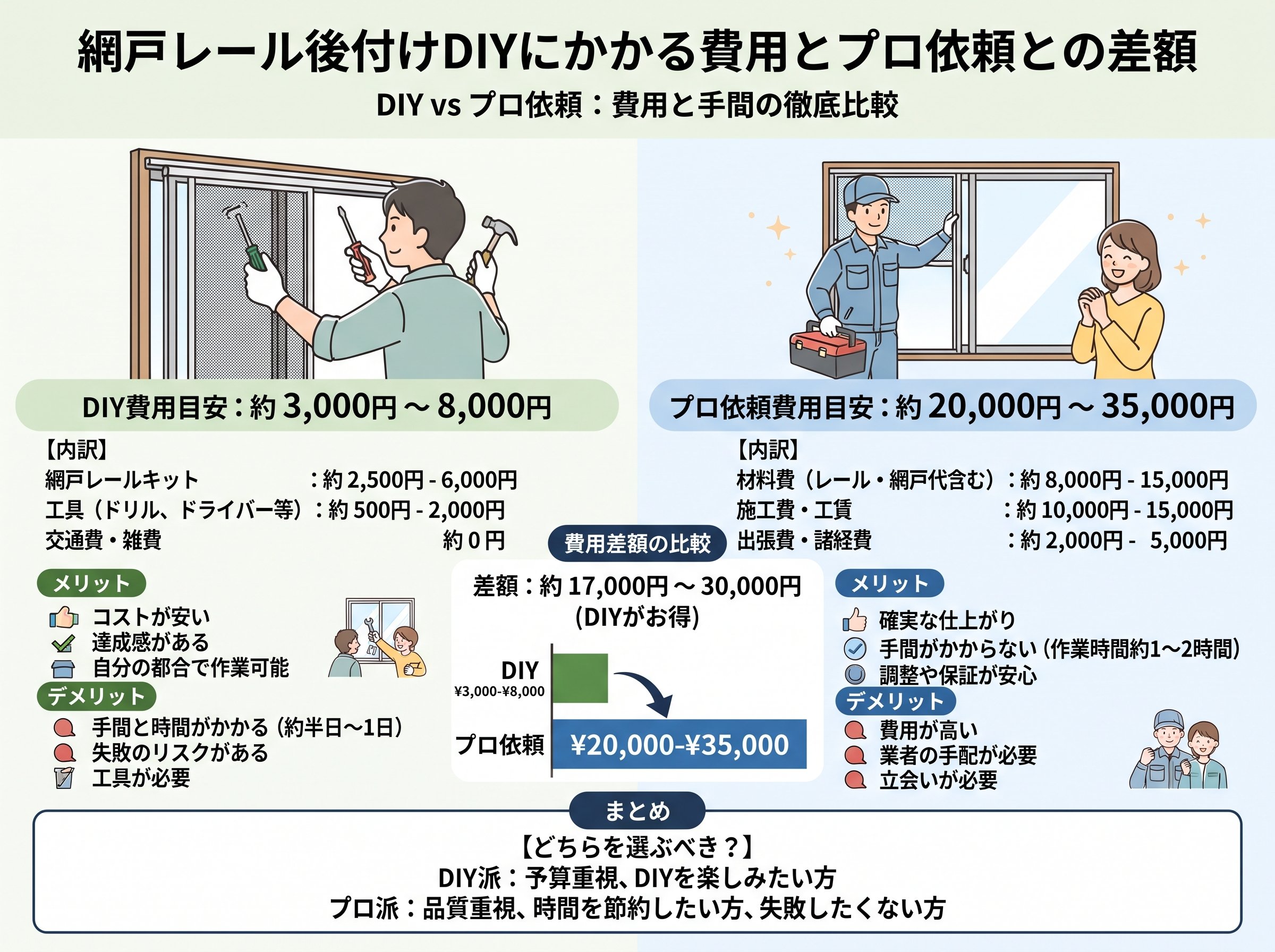 網戸レール後付けDIYにかかる費用とプロ依頼との差額