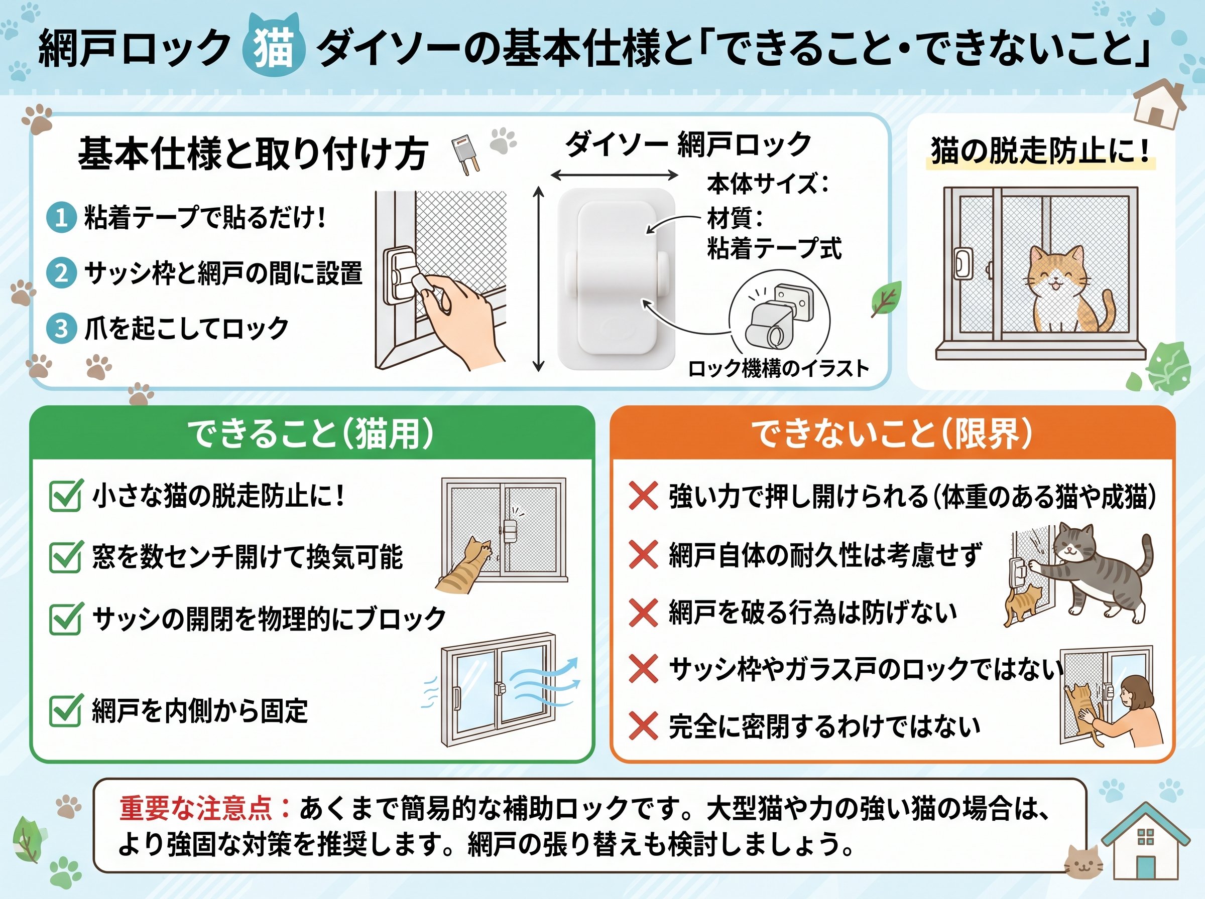 網戸ロック 猫 ダイソーの基本仕様と「できること・できないこと」