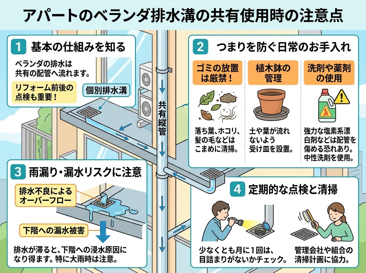 アパートのベランダ排水溝の共有使用時の注意点
