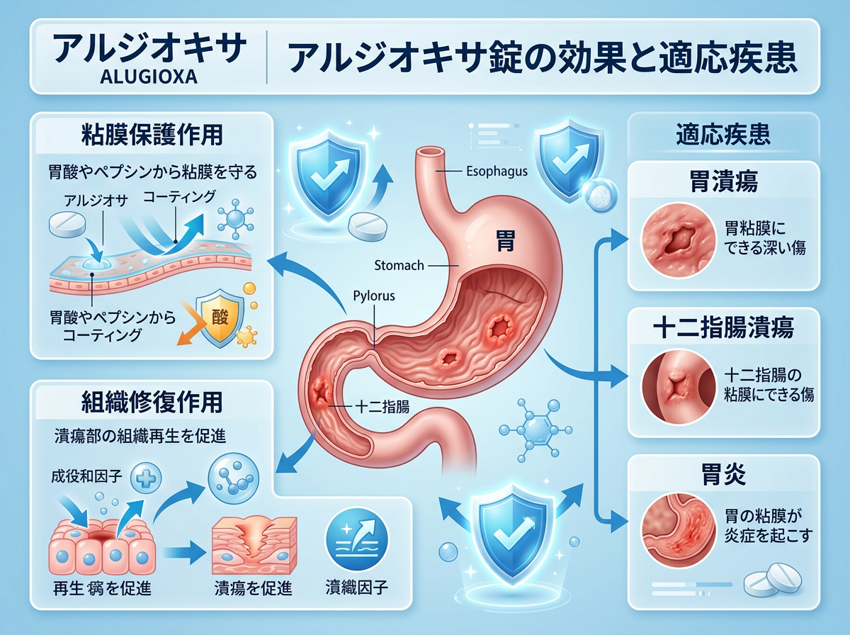 アルジオキサ錠の効果と適応疾患:胃潰瘍・十二指腸潰瘍・胃炎への作用