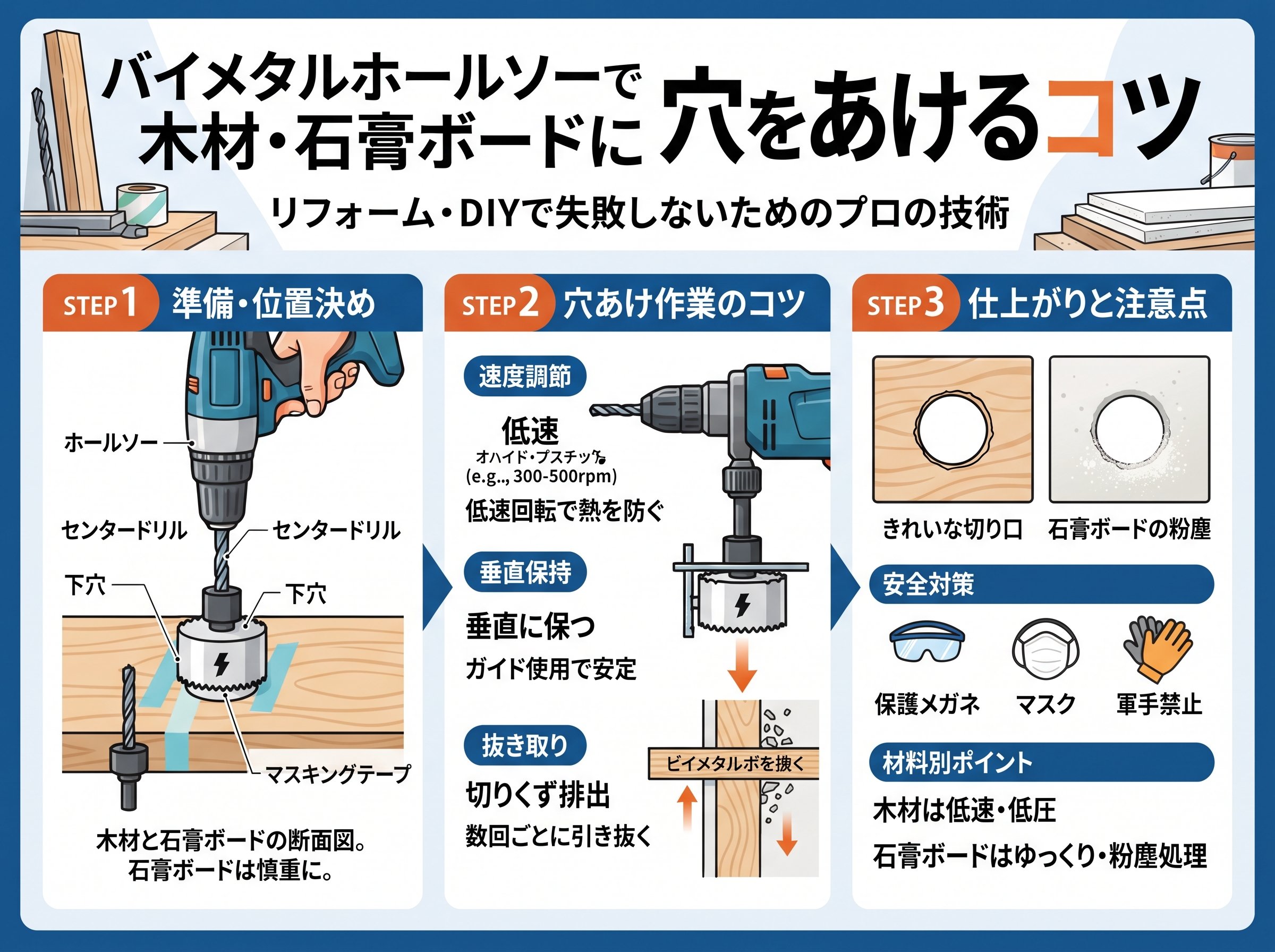 バイメタルホールソーで木材・石膏ボードに穴をあけるコツ