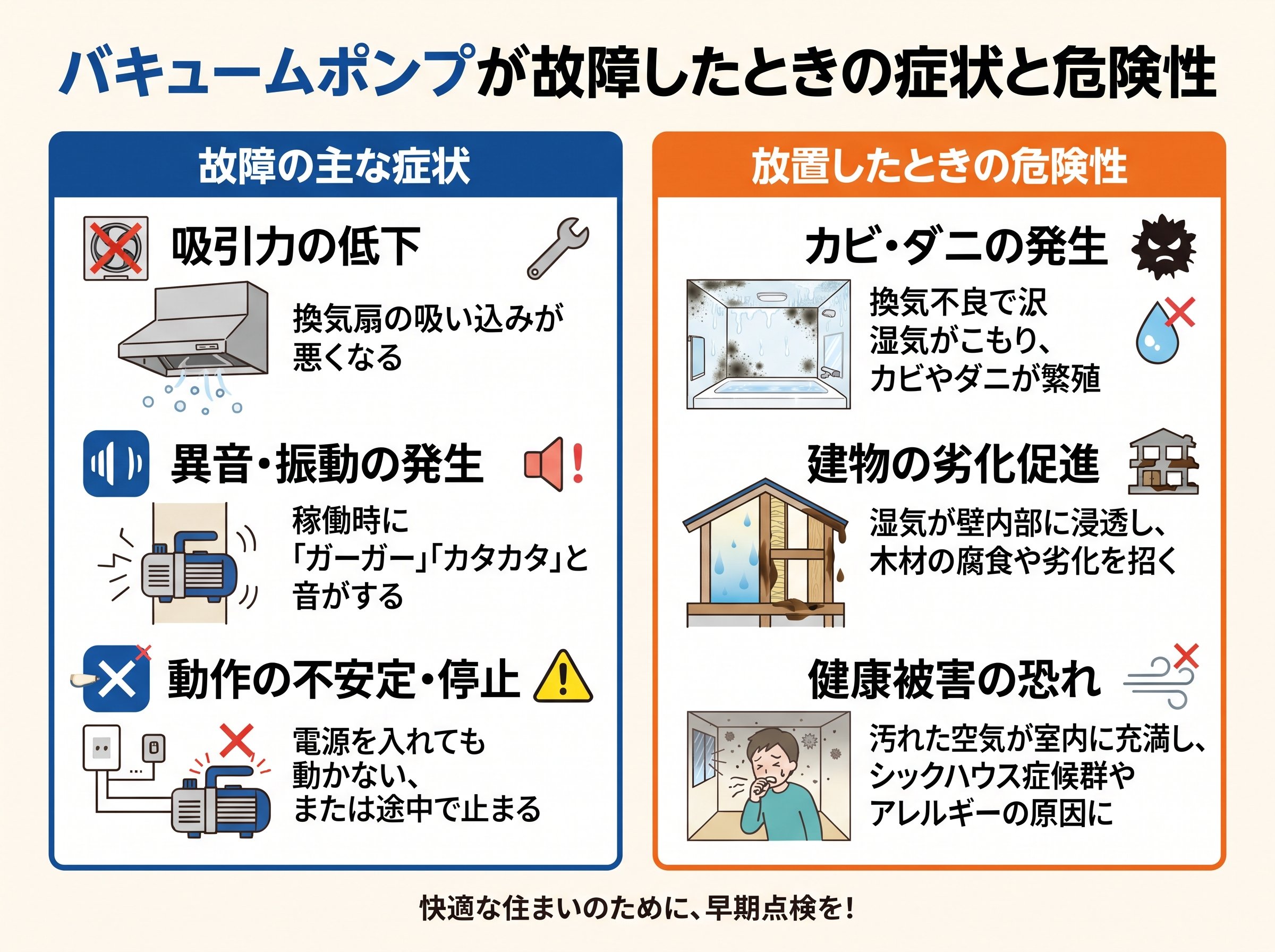 バキュームポンプが故障したときの症状と危険性