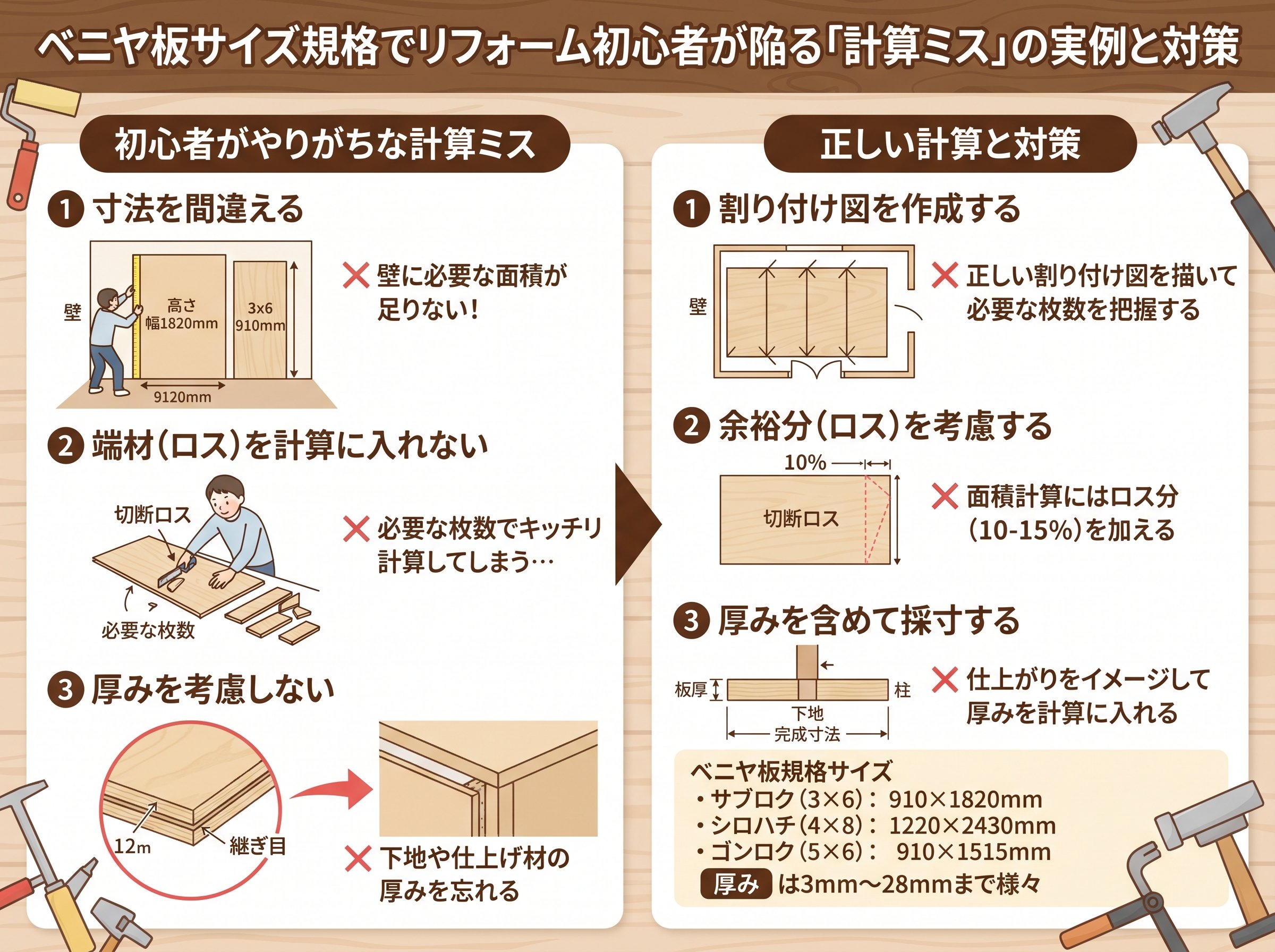 ベニヤ板サイズ規格でリフォーム初心者が陥る「計算ミス」の実例と対策
