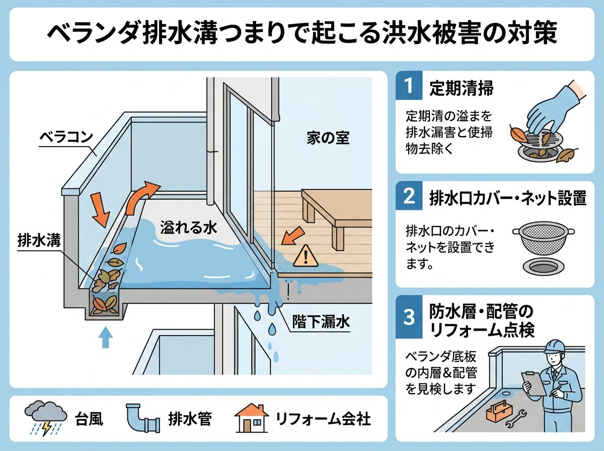 ベランダ排水溝つまりで起こる洪水被害の対策
