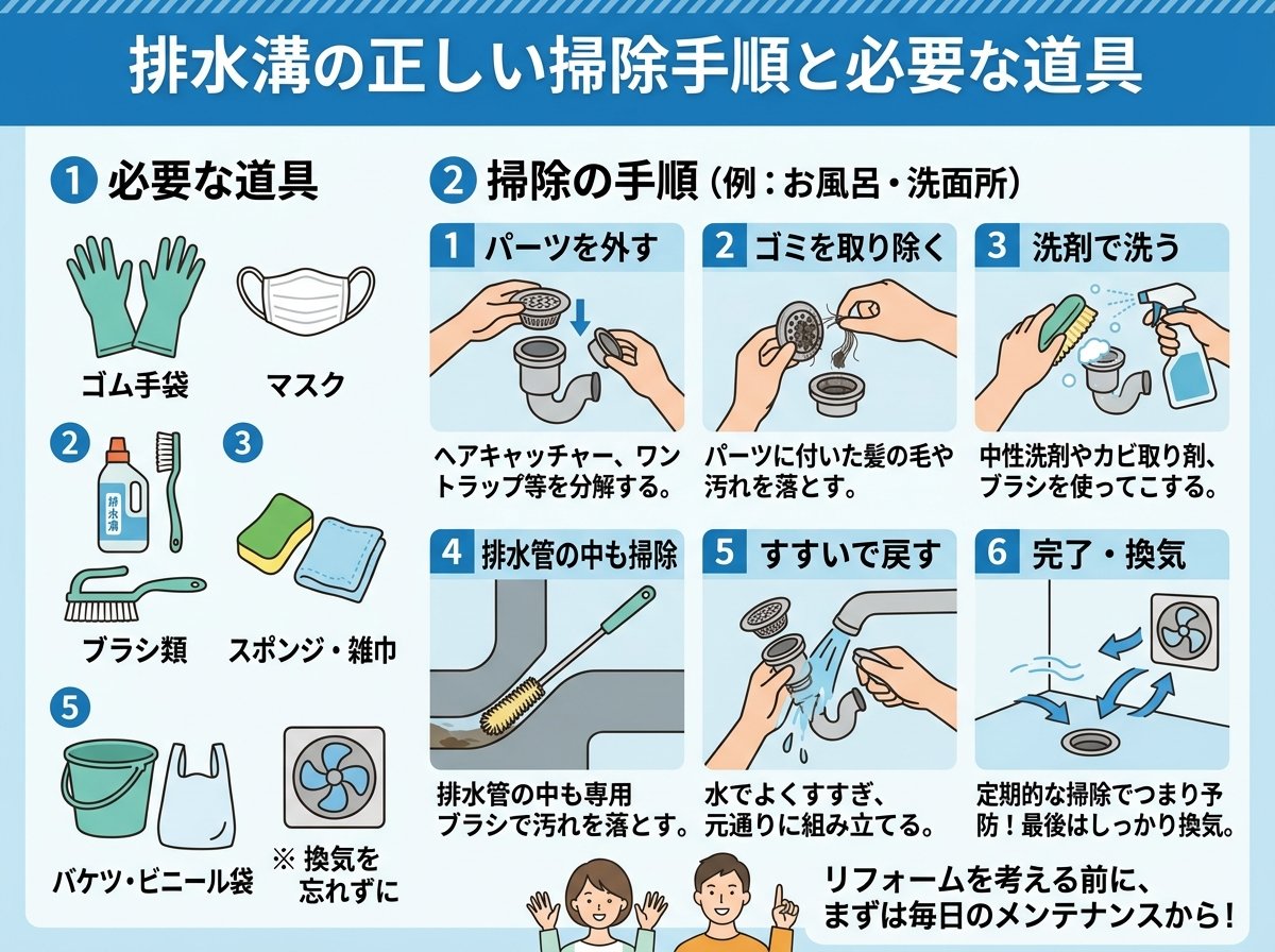 排水溝の正しい掃除手順と必要な道具