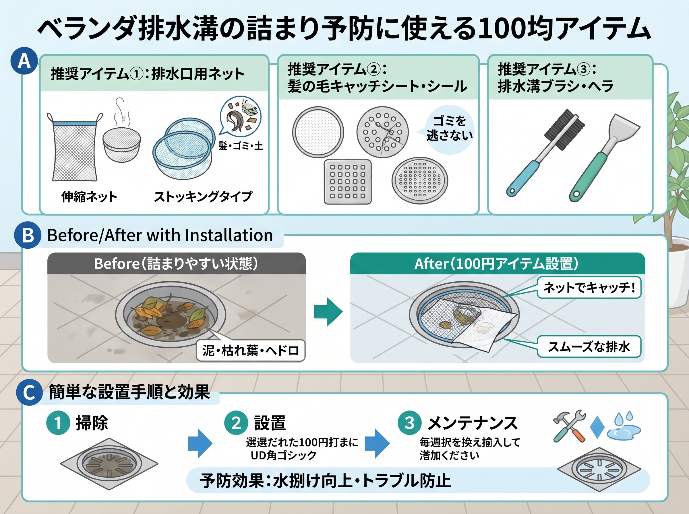 ベランダ排水溝の詰まり予防に使える100均アイテム