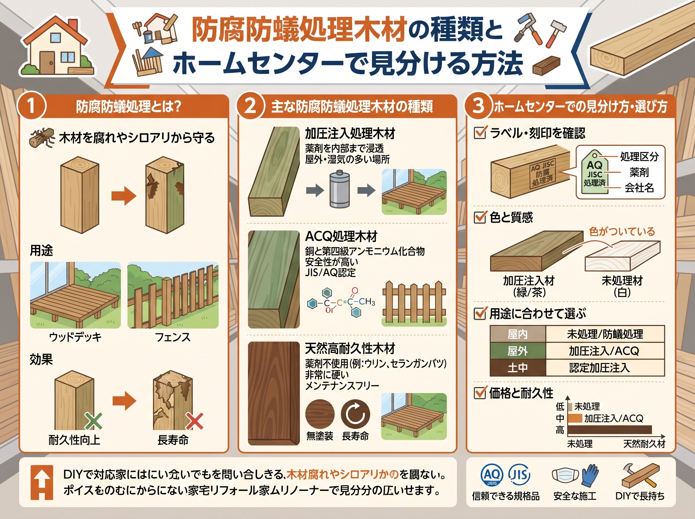 防腐防蟻処理木材の種類とホームセンターで見分ける方法