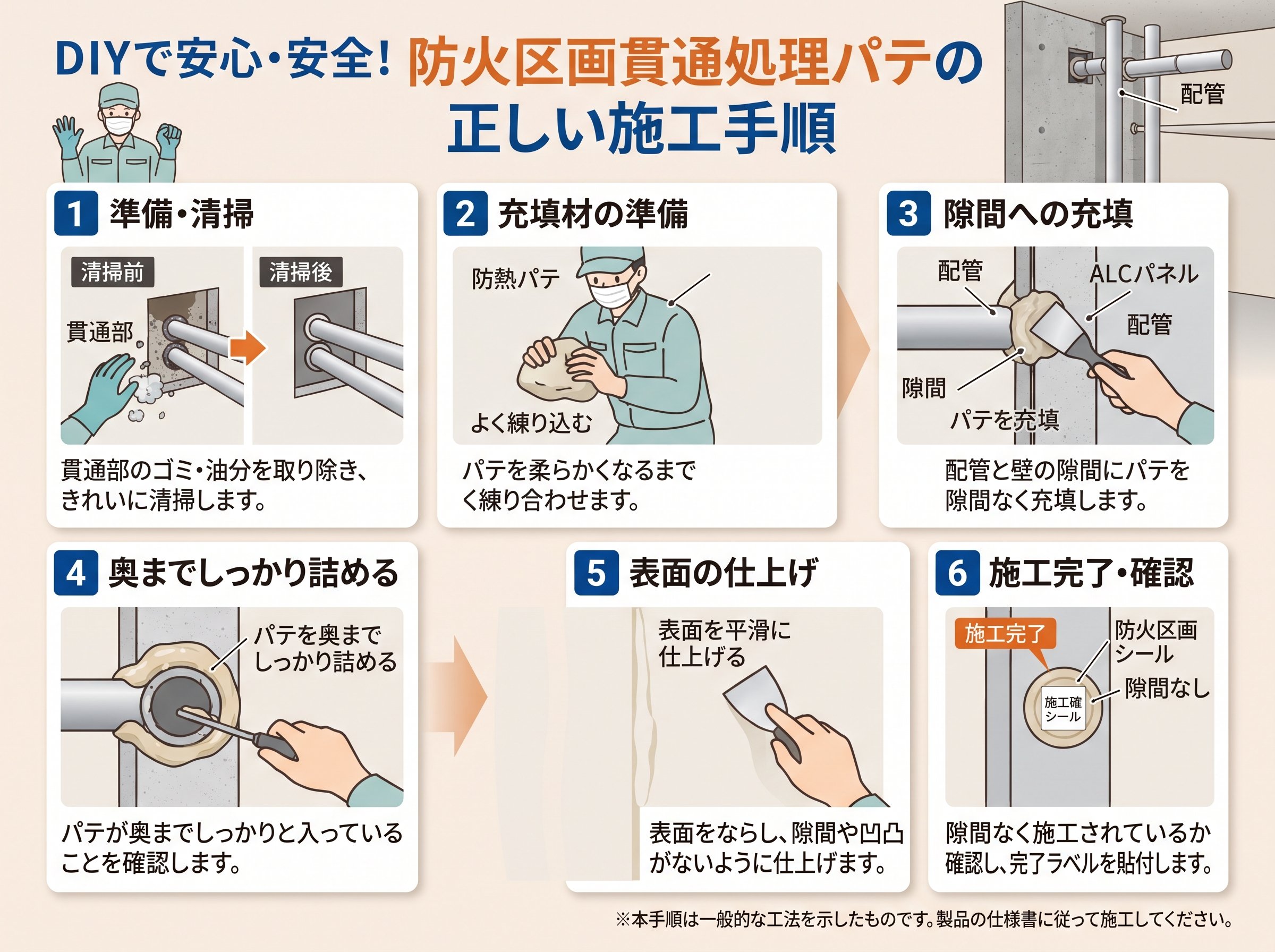 防火区画貫通処理パテの正しい施工手順ステップ
