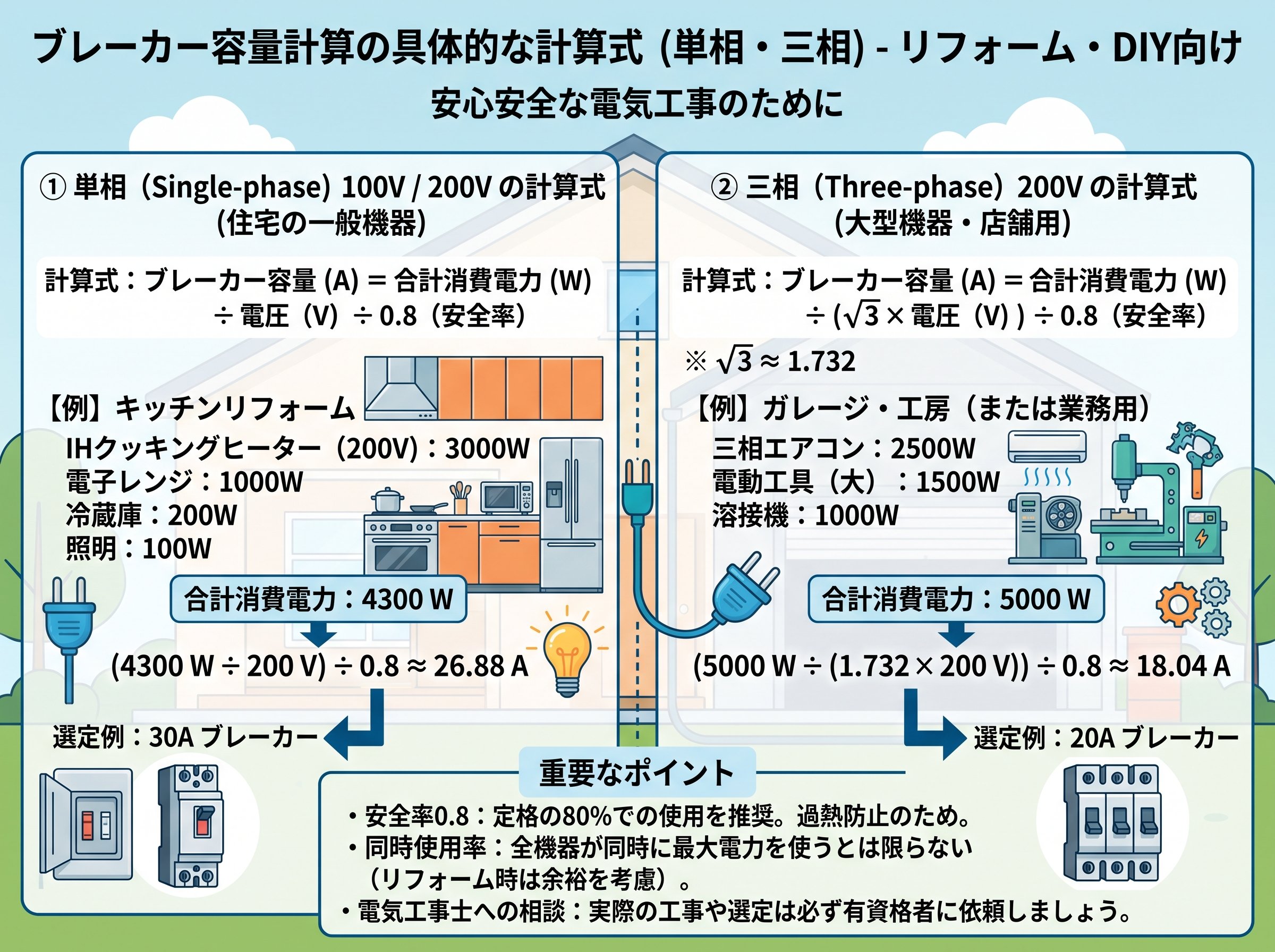 ブレーカー容量計算の具体的な計算式(単相・三相)