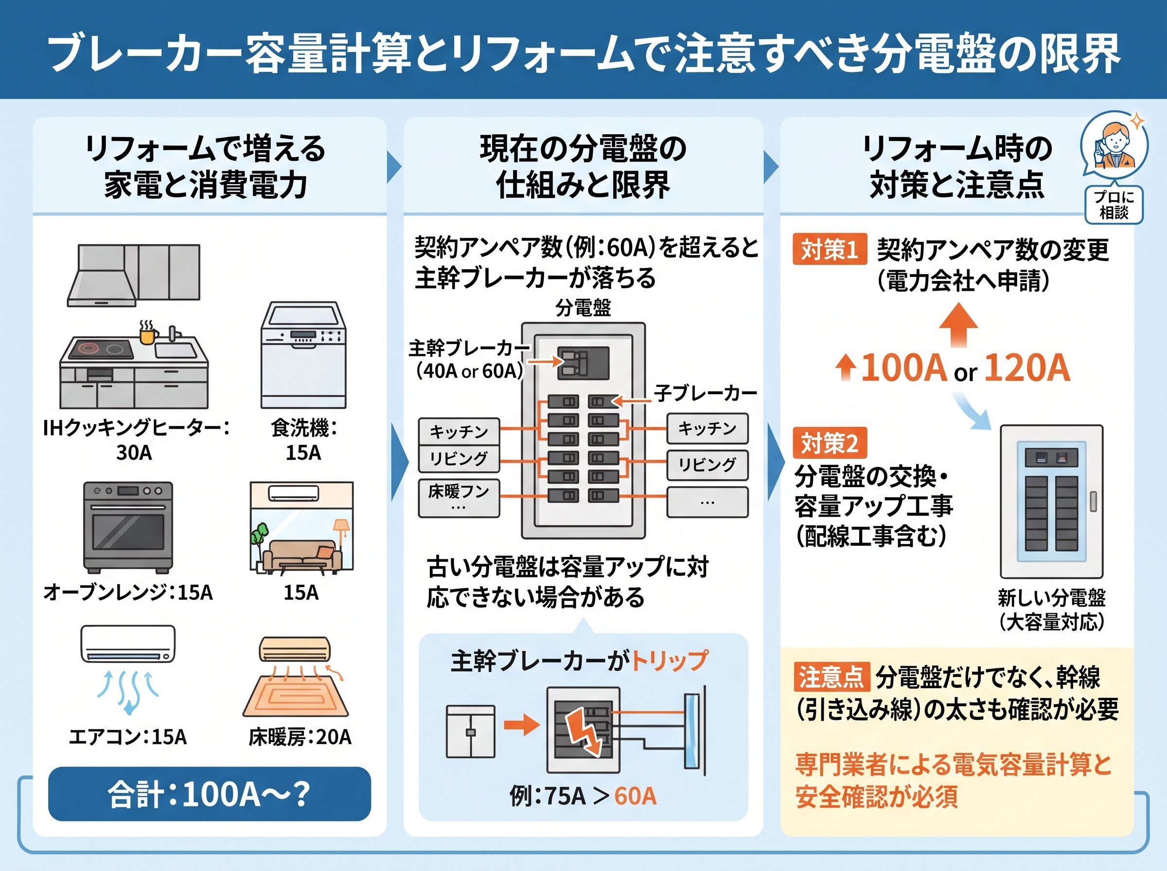 ブレーカー容量計算とリフォームで注意すべき分電盤の限界