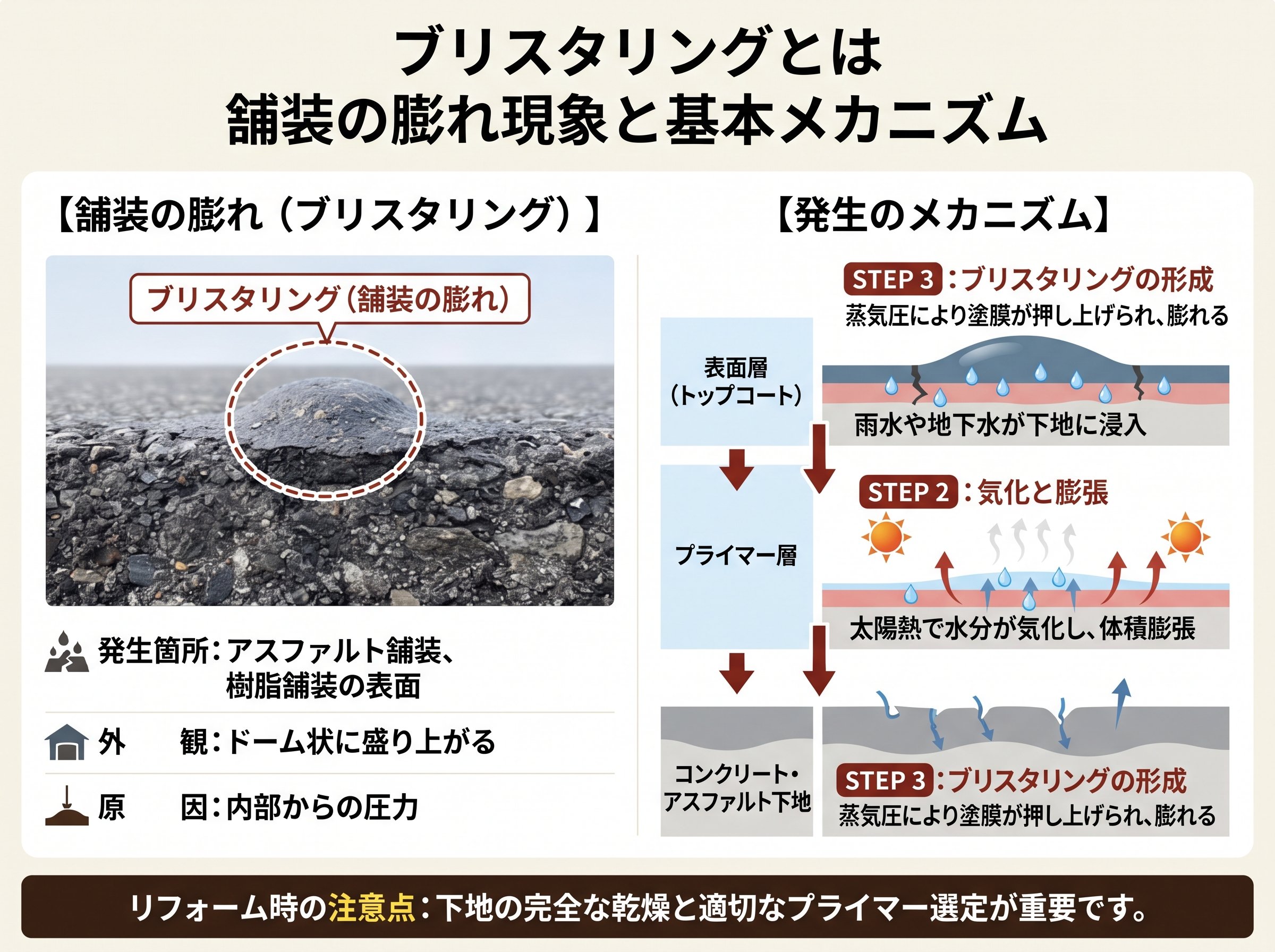 ブリスタリングとは 舗装の膨れ現象と基本メカニズム