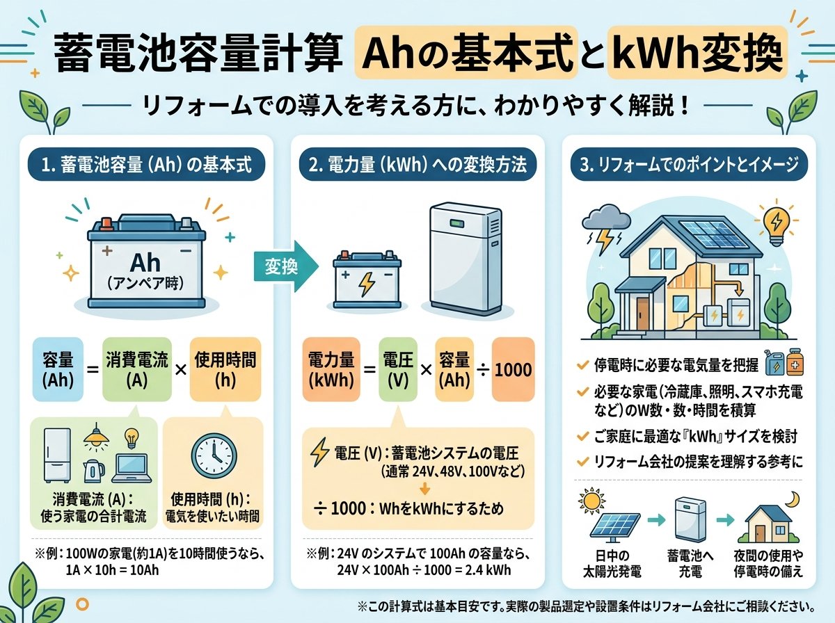 蓄電池容量計算 ah の基本式と kWh 変換