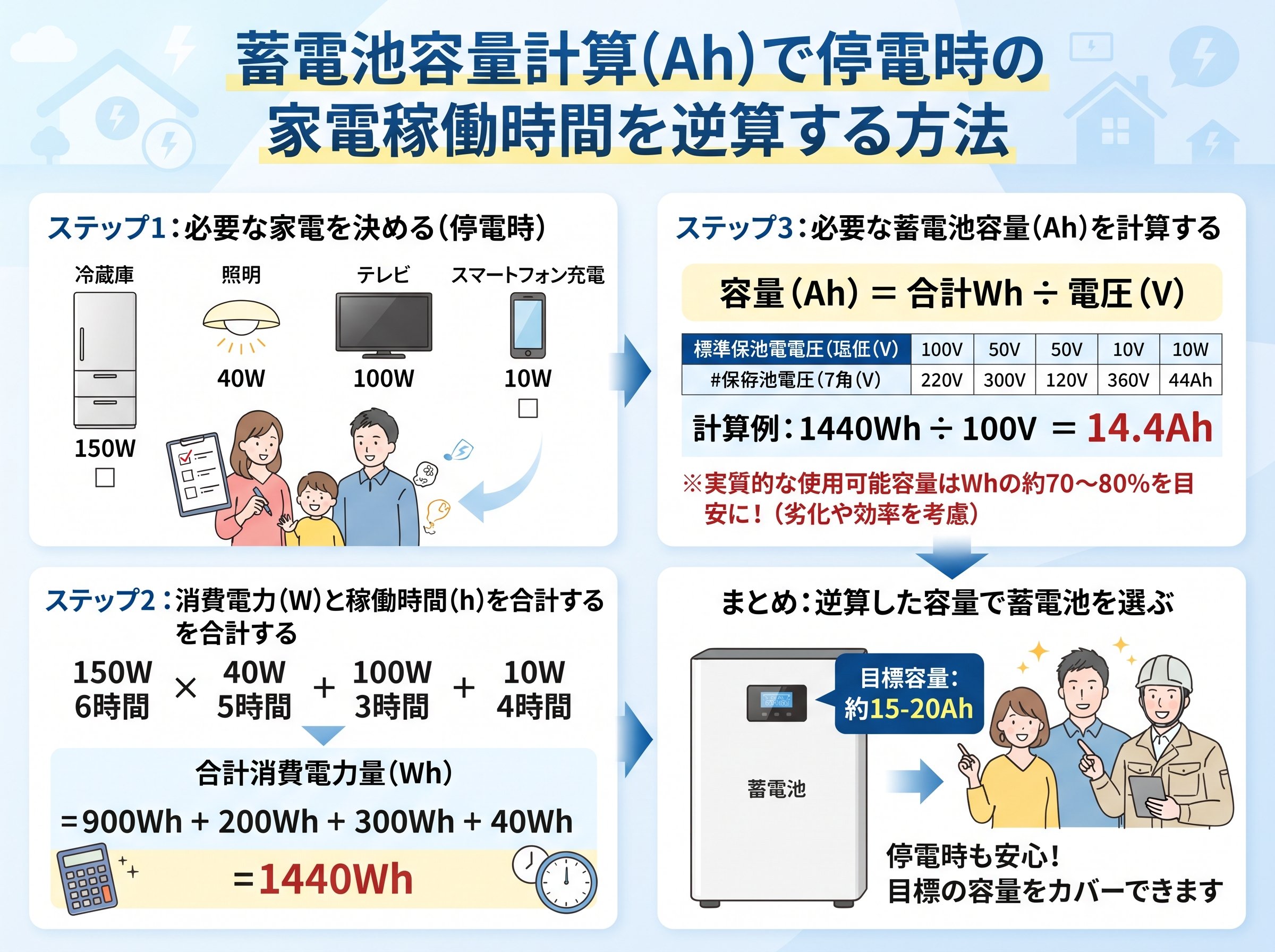 蓄電池容量計算 ah で 停電 家電 を逆算する方法