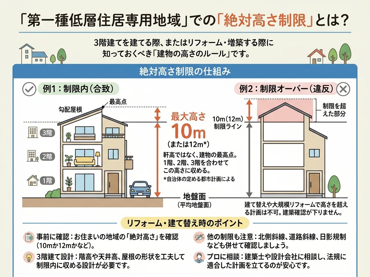 第一種低層住居専用地域の3階建て建築における絶対高さ制限とは