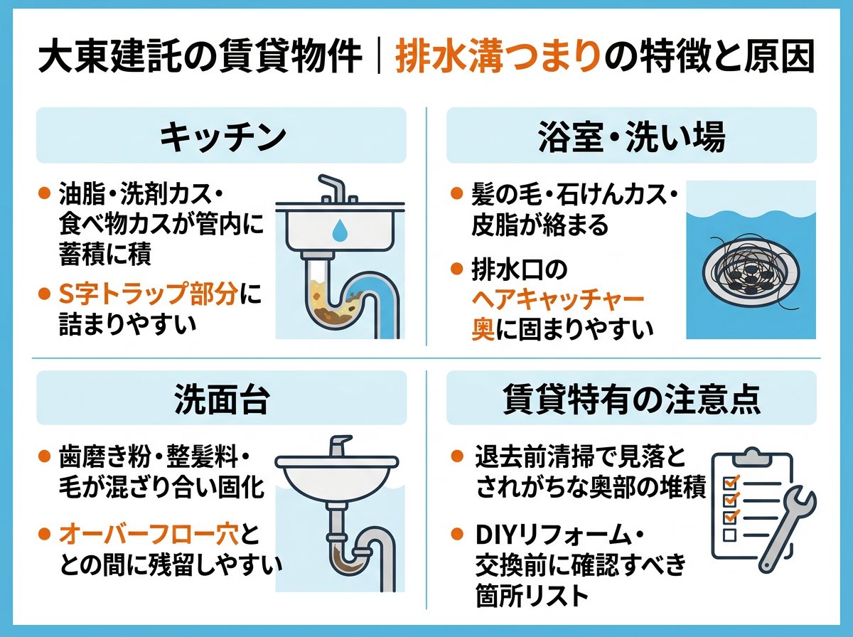 大東建託の賃貸物件で起きやすい排水溝つまりの特徴