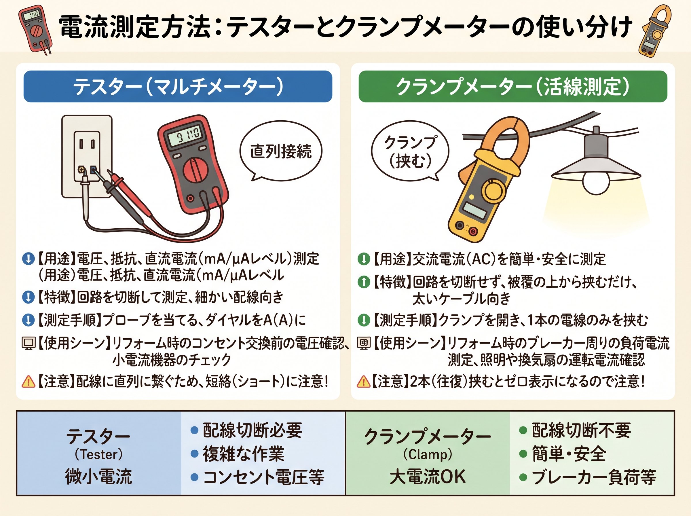 電流測定方法テスターとクランプメーターの使い分け