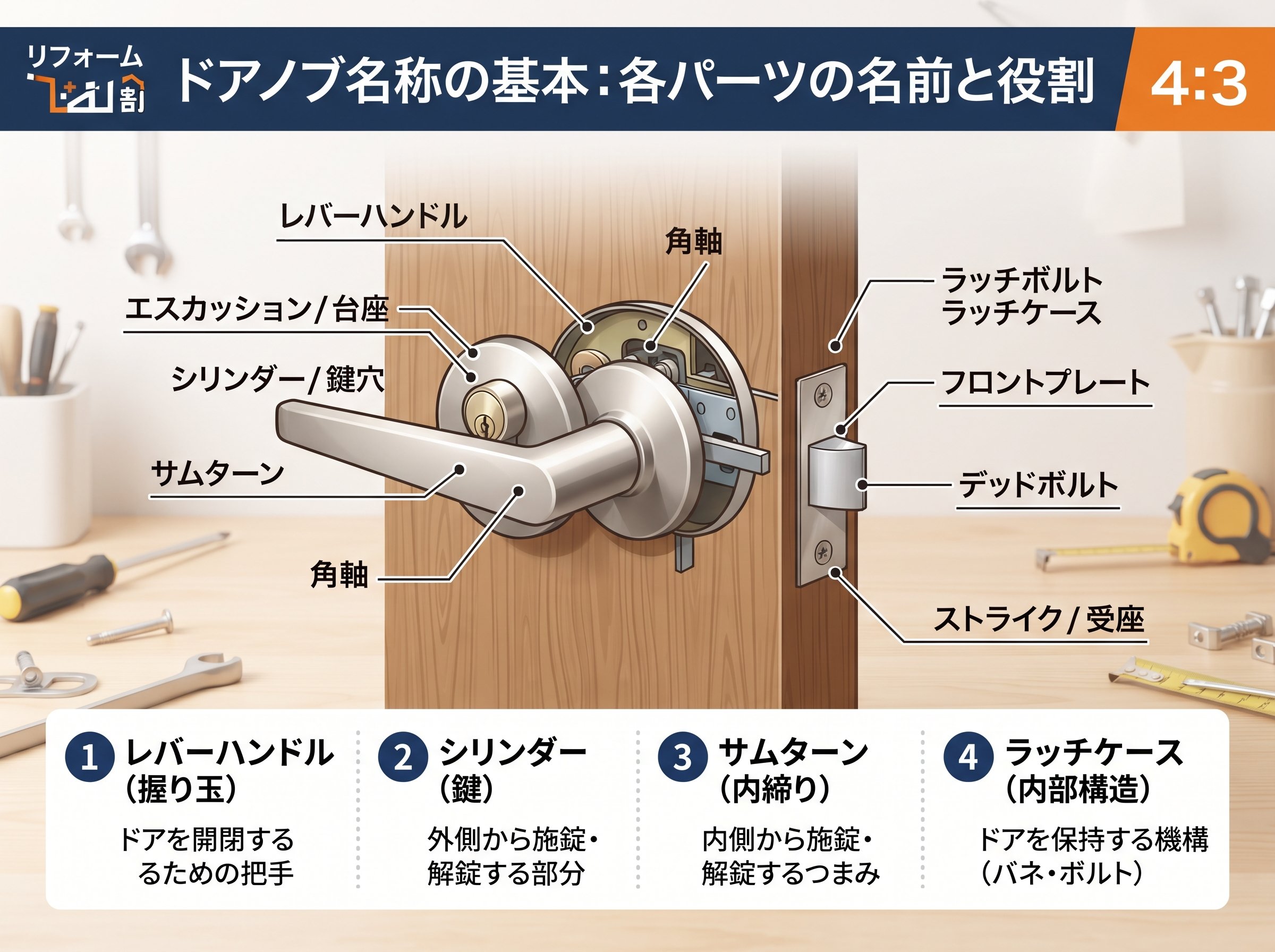 ドアノブ名称の基本:各パーツの名前と役割