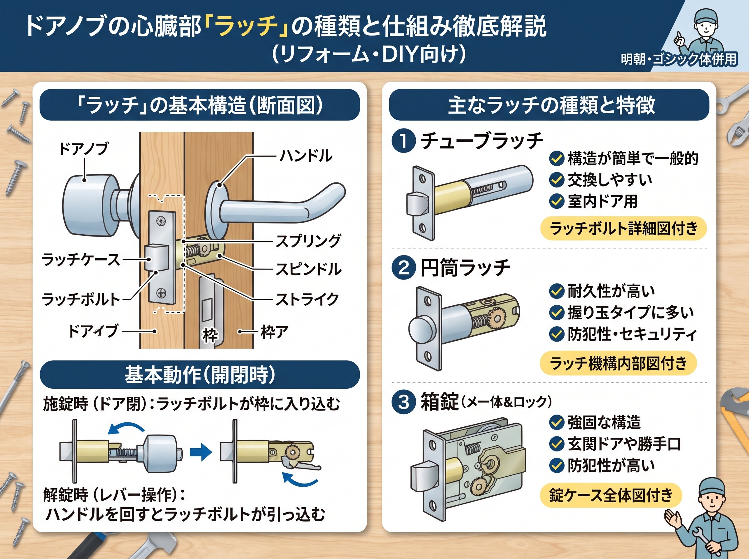 ドアノブ名称の中でも重要な「ラッチ」の種類と仕組み