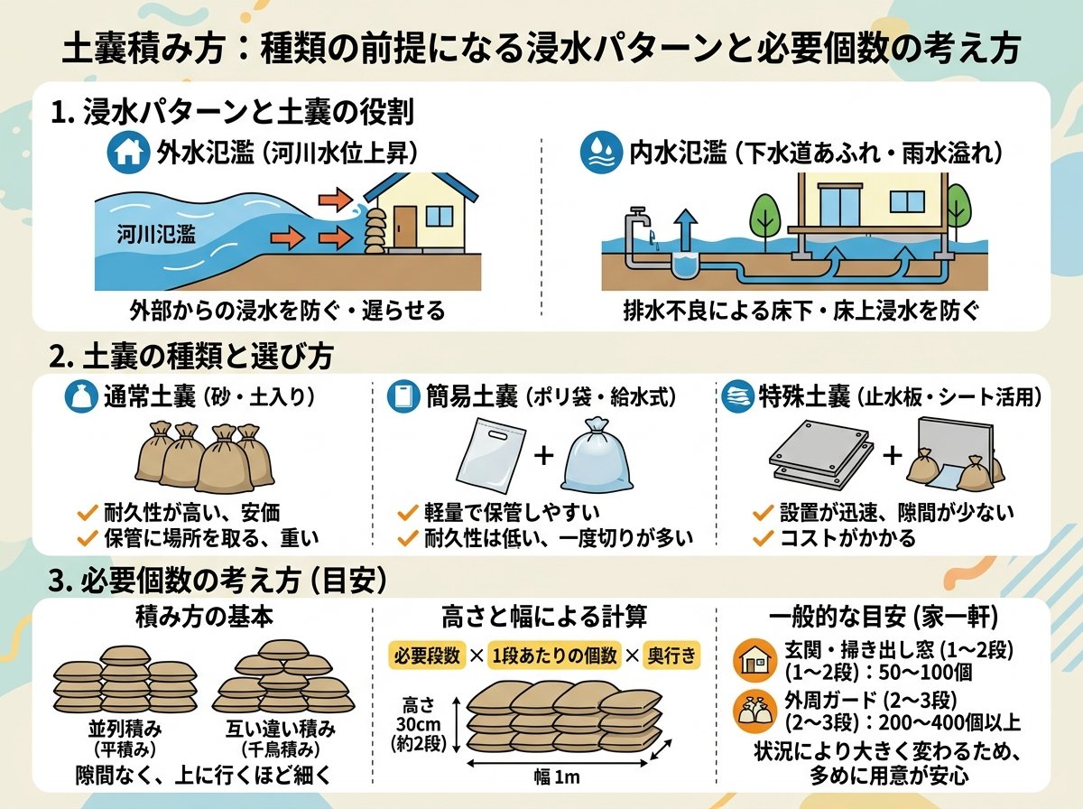 土嚢積み方 種類の前提になる浸水パターンと必要個数の考え方