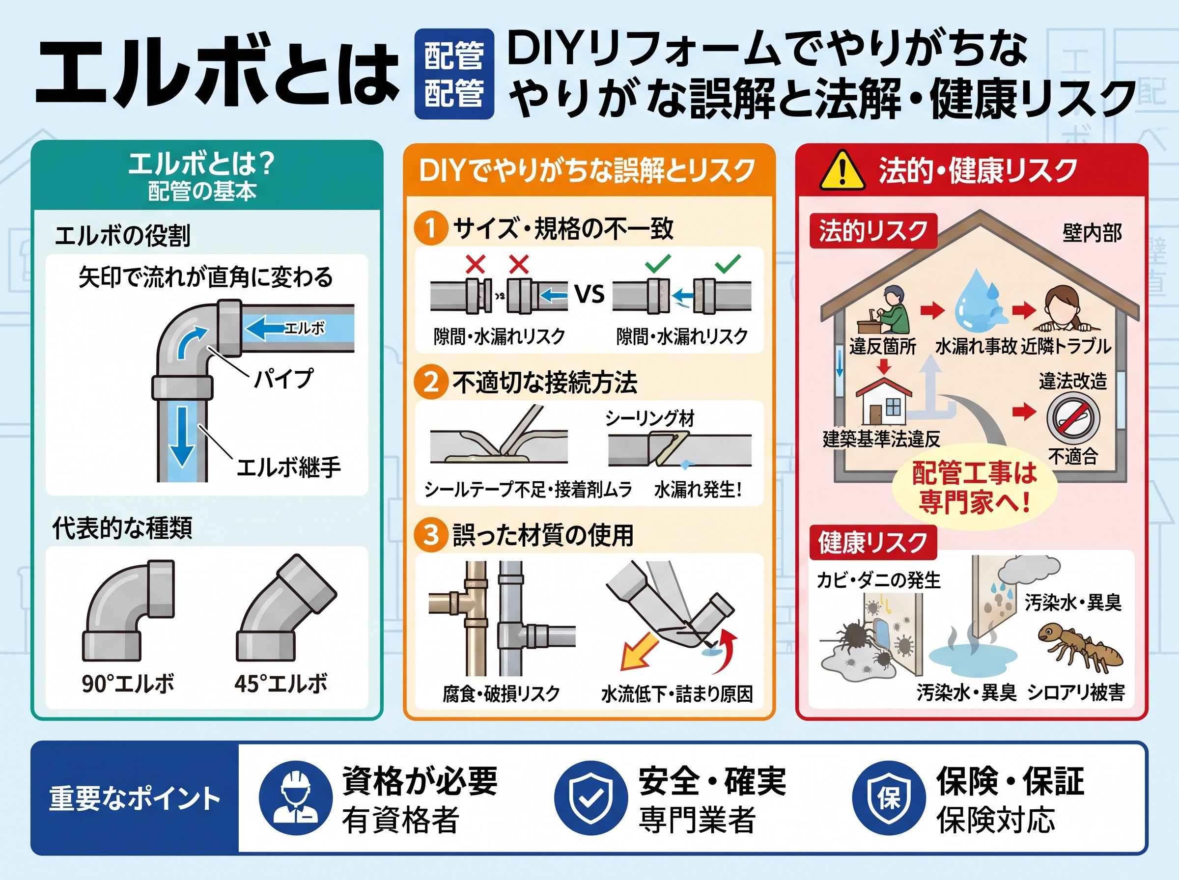 エルボとは 配管 DIYリフォームでやりがちな誤解と法的・健康リスク