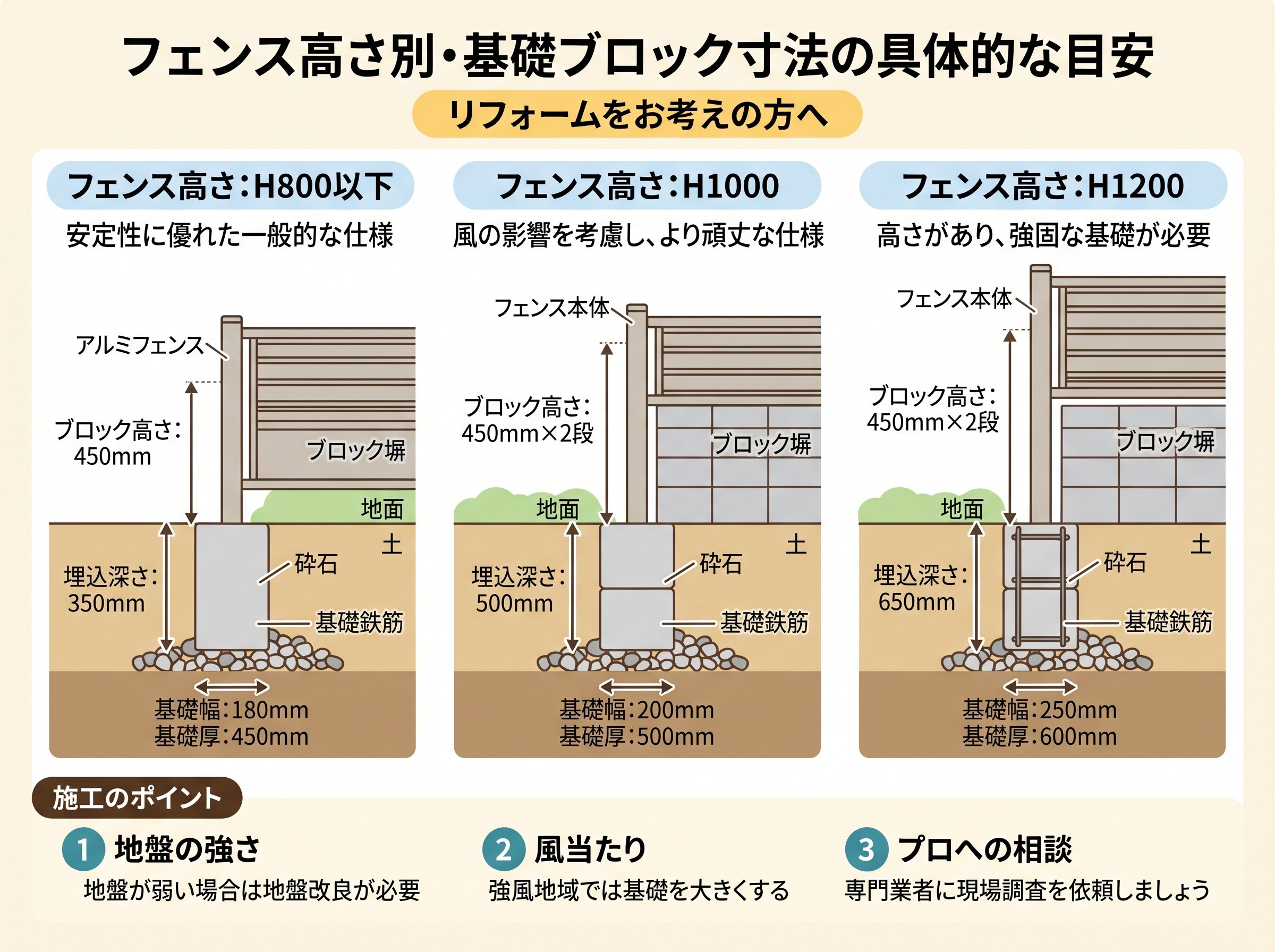 フェンス高さ別・基礎ブロック寸法の具体的な目安