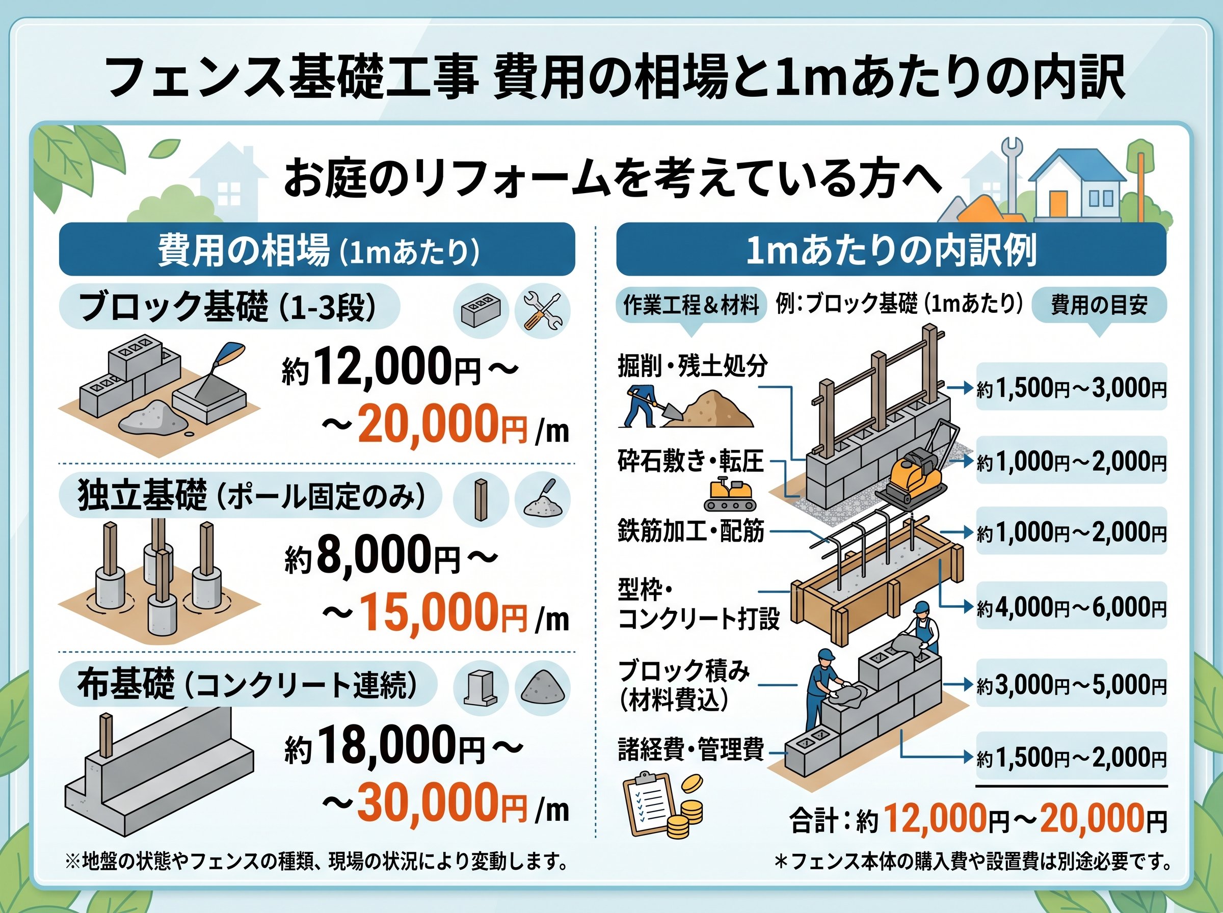 フェンス基礎工事 費用の相場と1mあたりの内訳