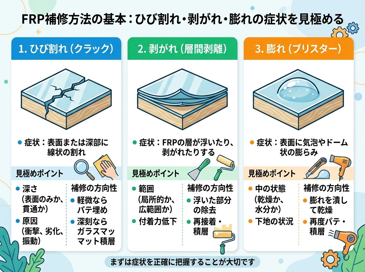 FRP補修方法の基本:ひび割れ・剥がれ・膨れの症状を見極める