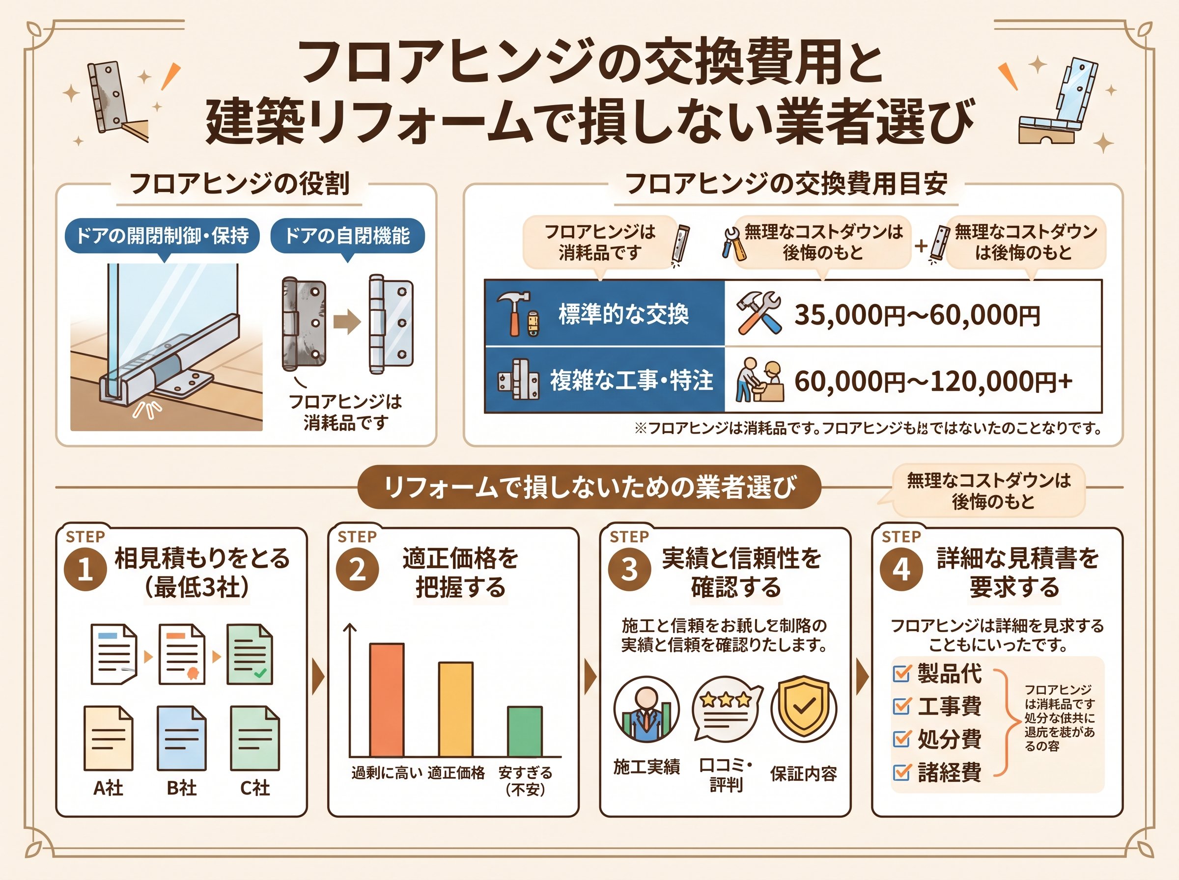 フロアヒンジの交換費用と建築リフォームで損しない業者選び