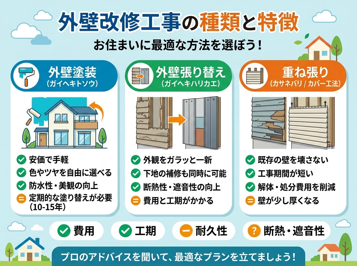外壁改修工事の種類と特徴
