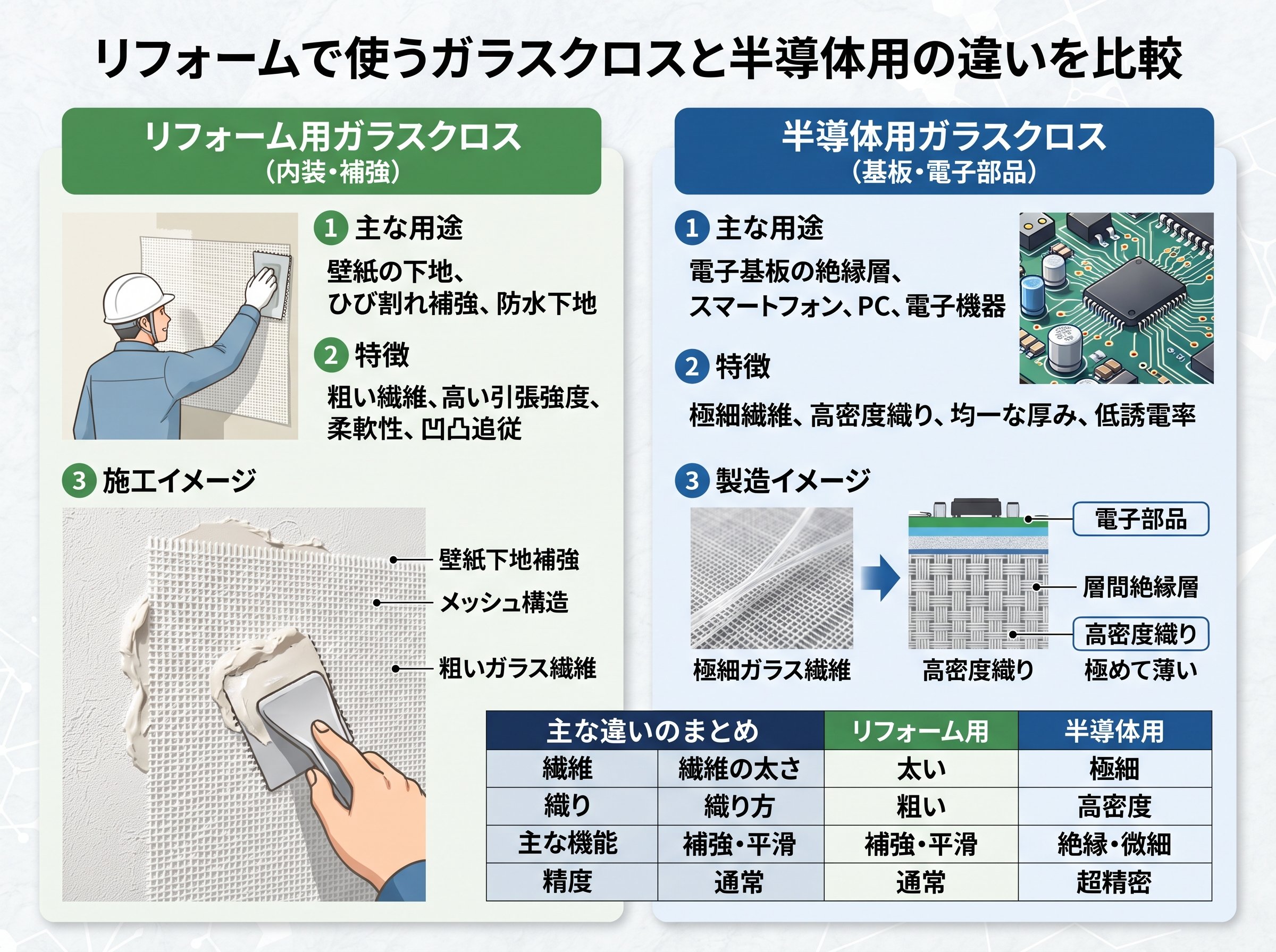 リフォームで使うガラスクロスと半導体用の違いを比較