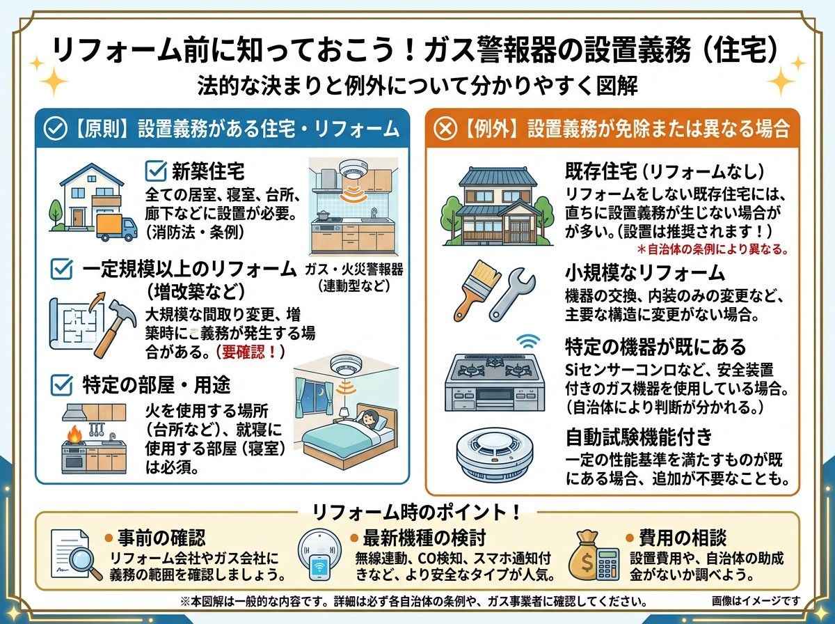 ガス警報器の法律で義務になる住宅と例外