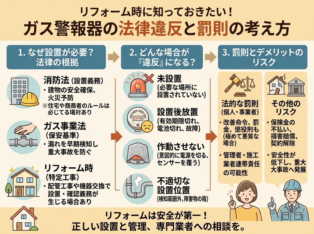 ガス警報器の法律違反と罰則の考え方