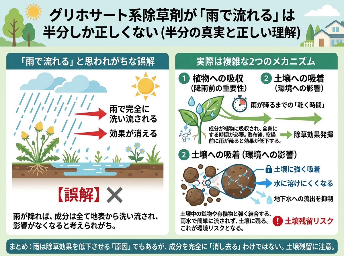グリホサート系除草剤が「雨で流れる」は半分しか正しくない