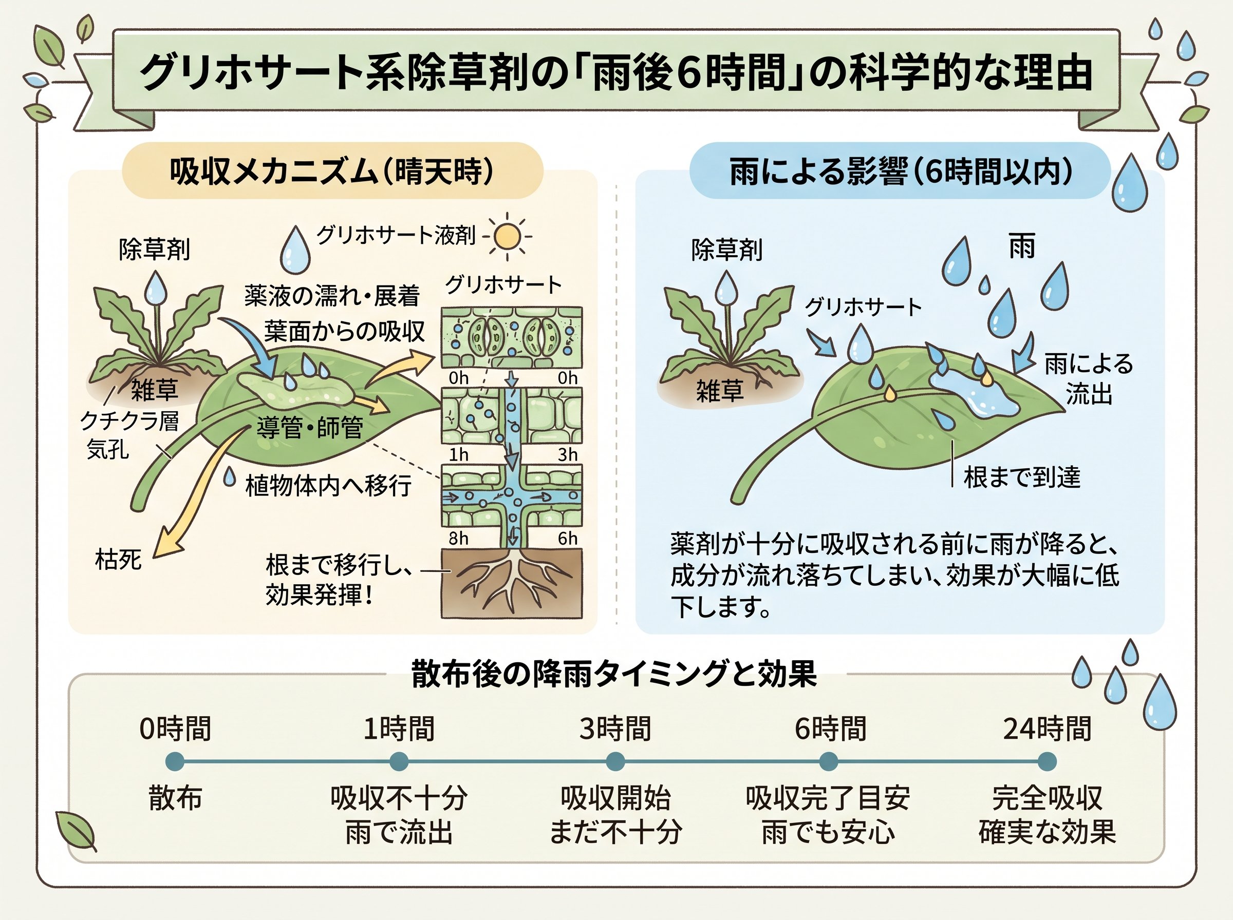 グリホサート系除草剤の「雨後6時間」の科学的な理由