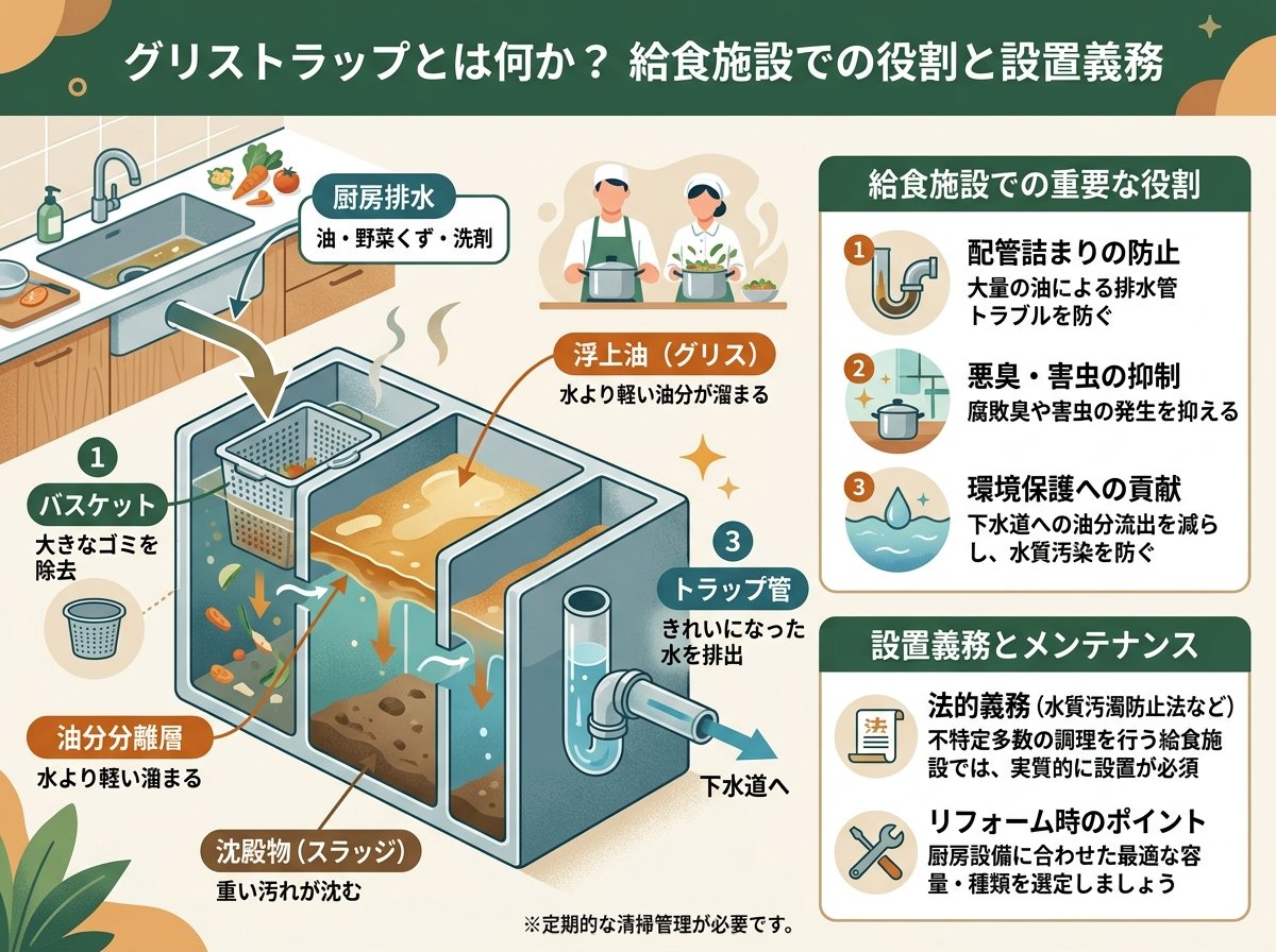グリストラップとは何か?給食施設での役割と設置義務