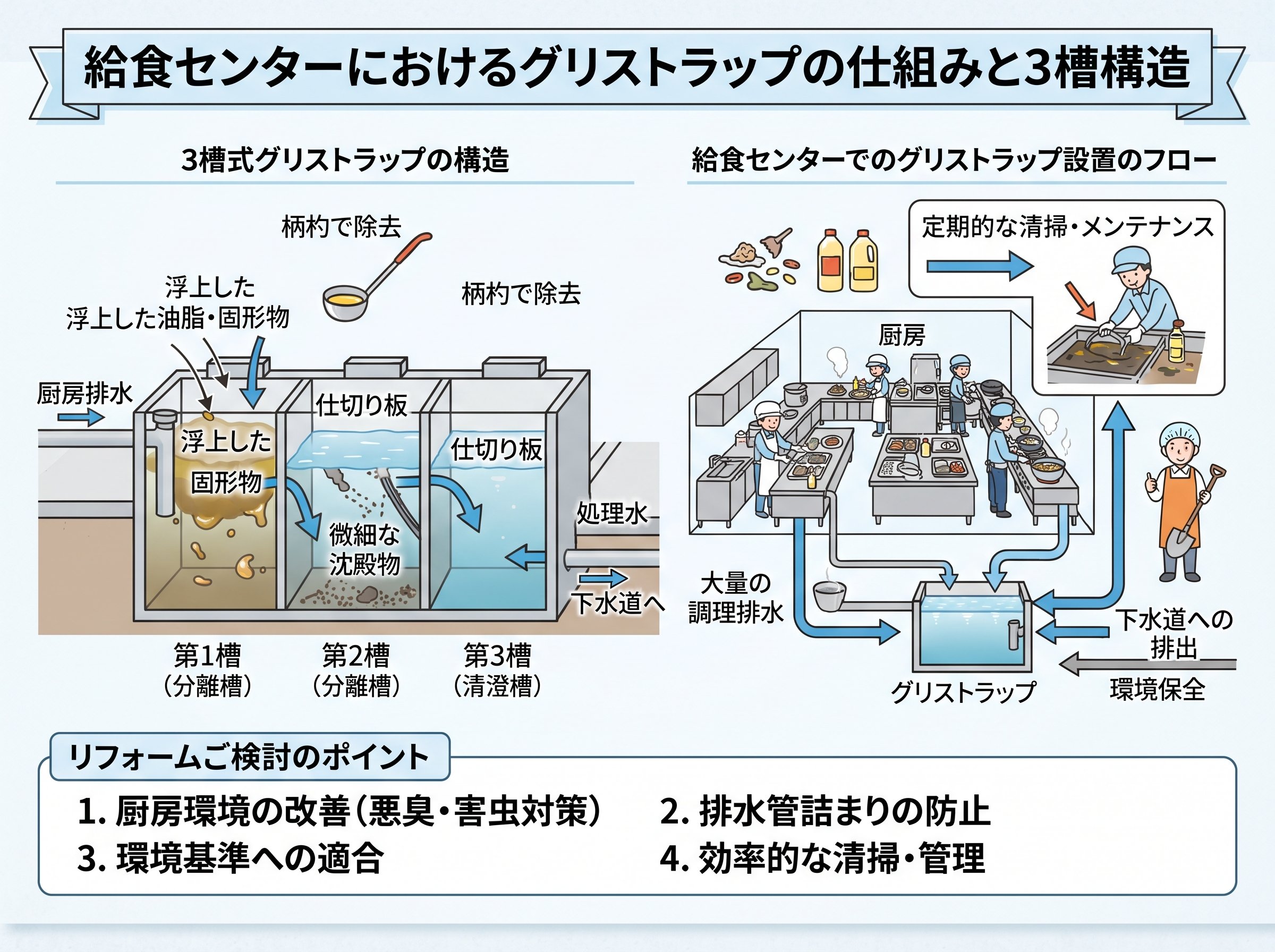 グリストラップの3槽構造と給食センターでの仕組み