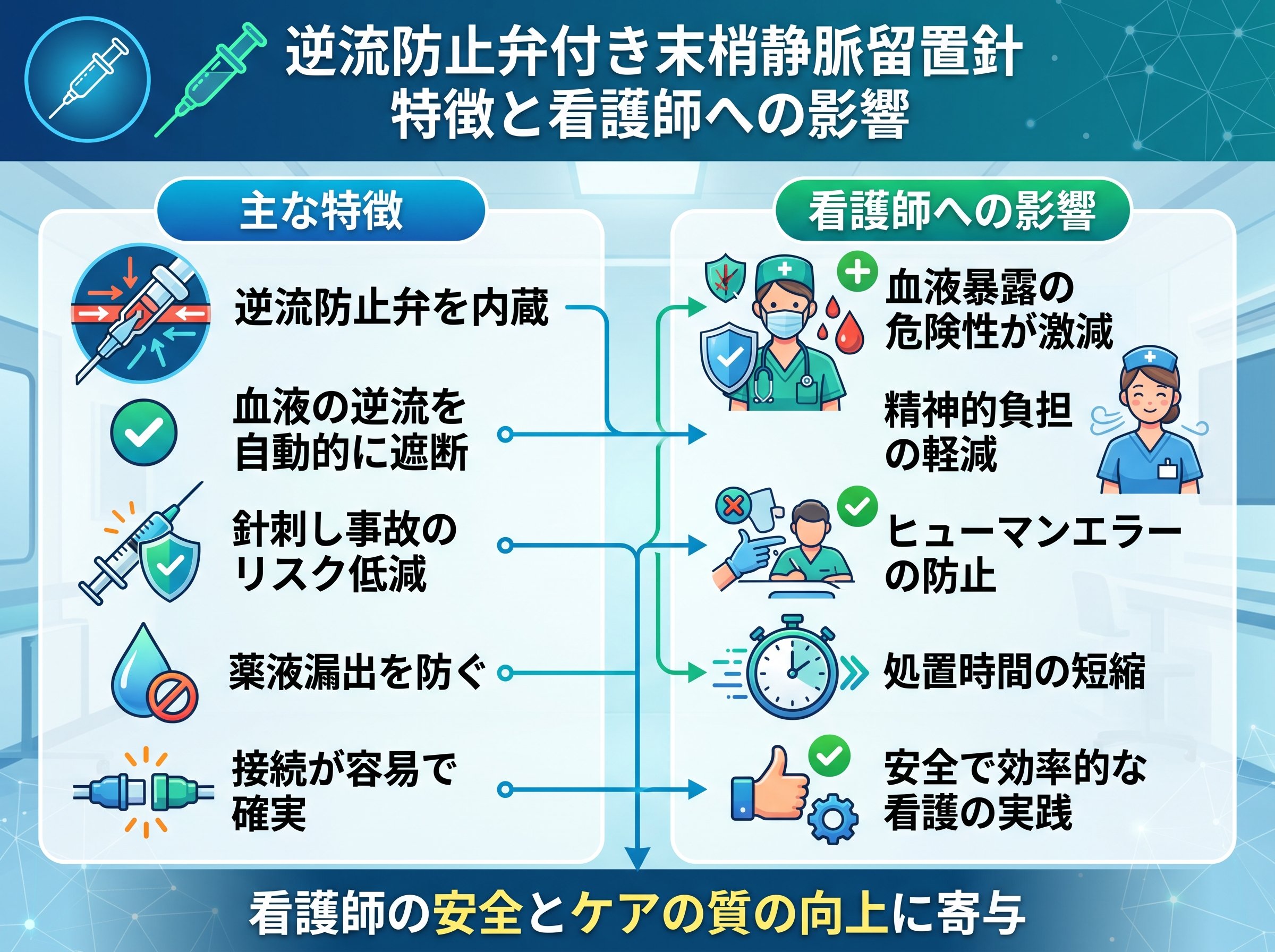 逆流防止弁付き末梢静脈留置針の特徴と看護師への影響