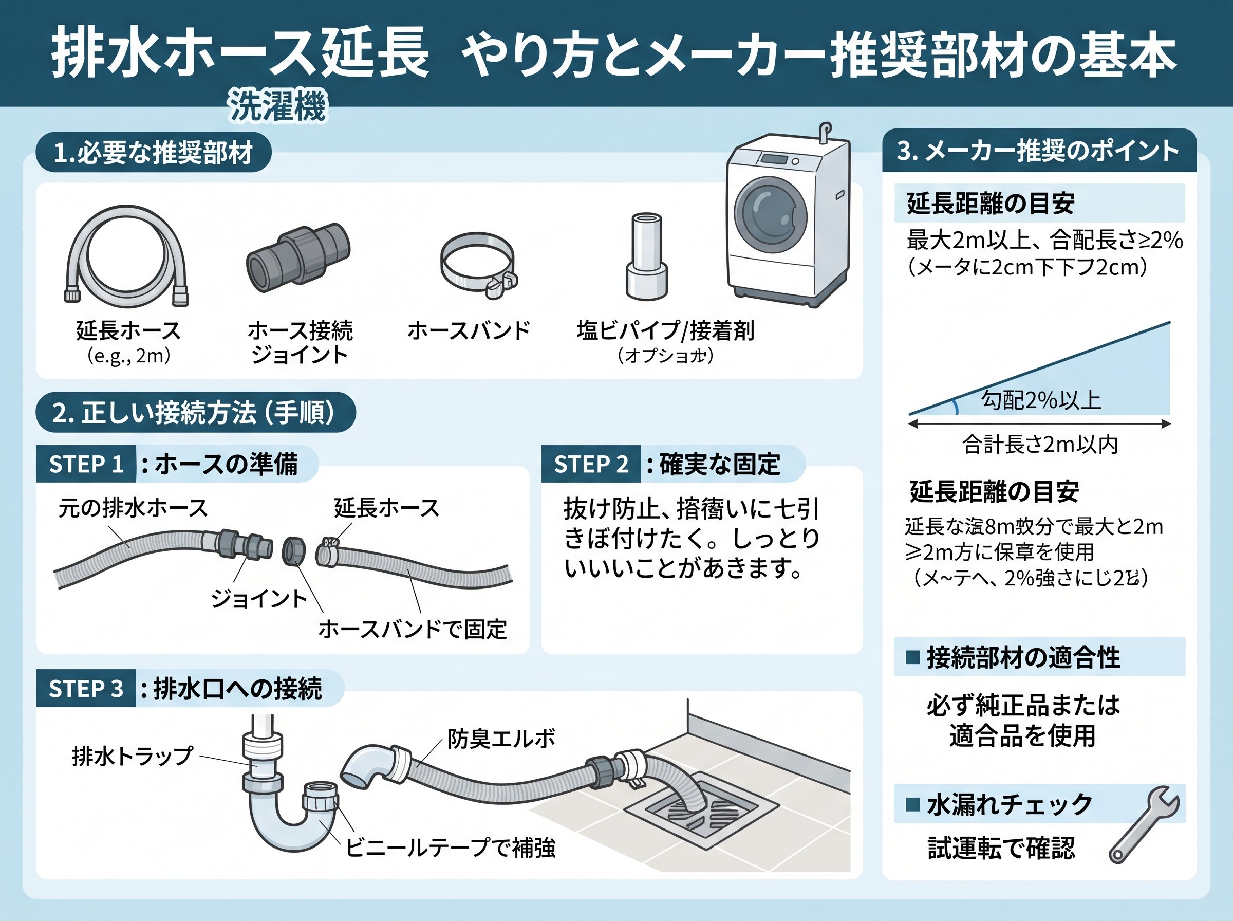 排水ホース延長 やり方とメーカー推奨部材の基本