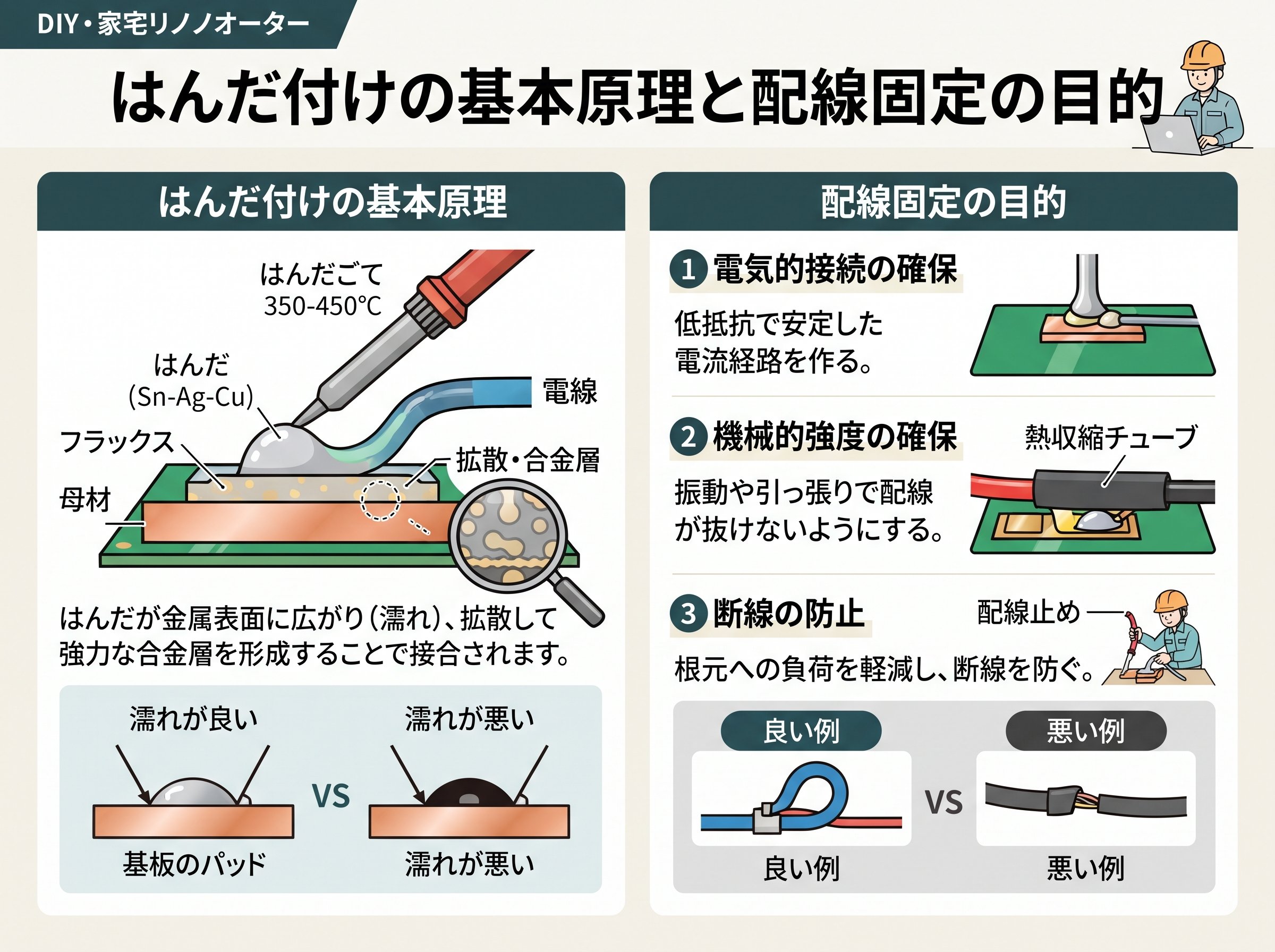 はんだ付けの基本原理と配線固定の目的