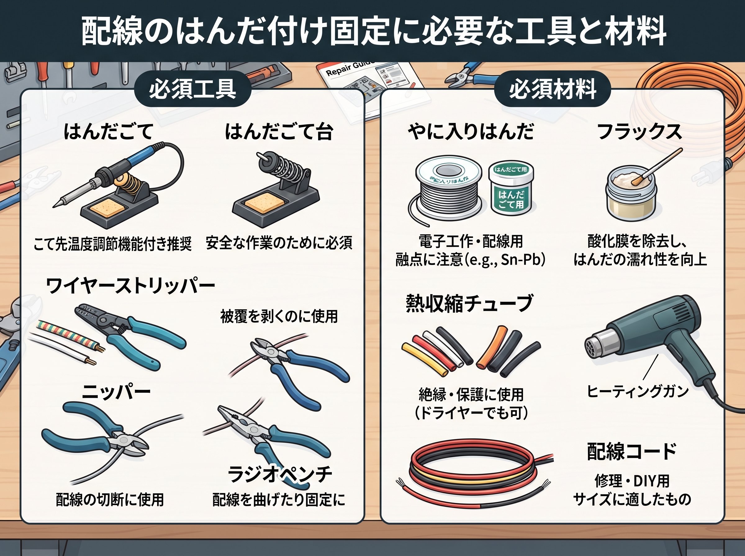 配線のはんだ付け固定に必要な工具と材料