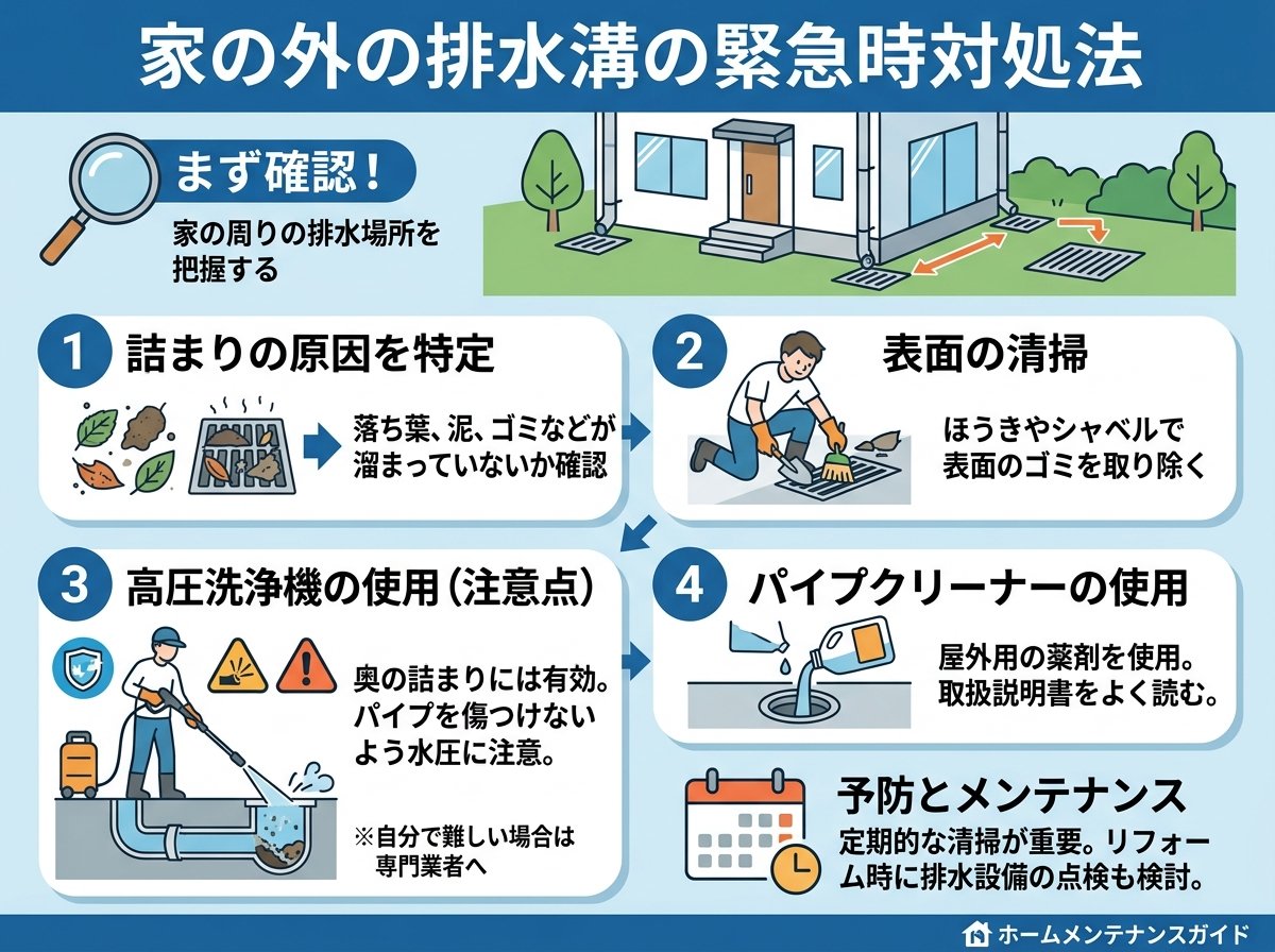家の外の排水溝の緊急時対処法