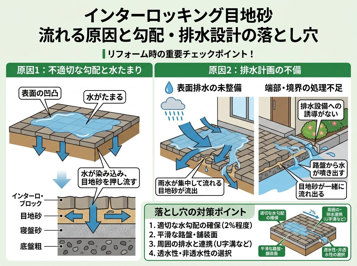 インターロッキング目地砂 流れる原因と勾配・排水設計の落とし穴