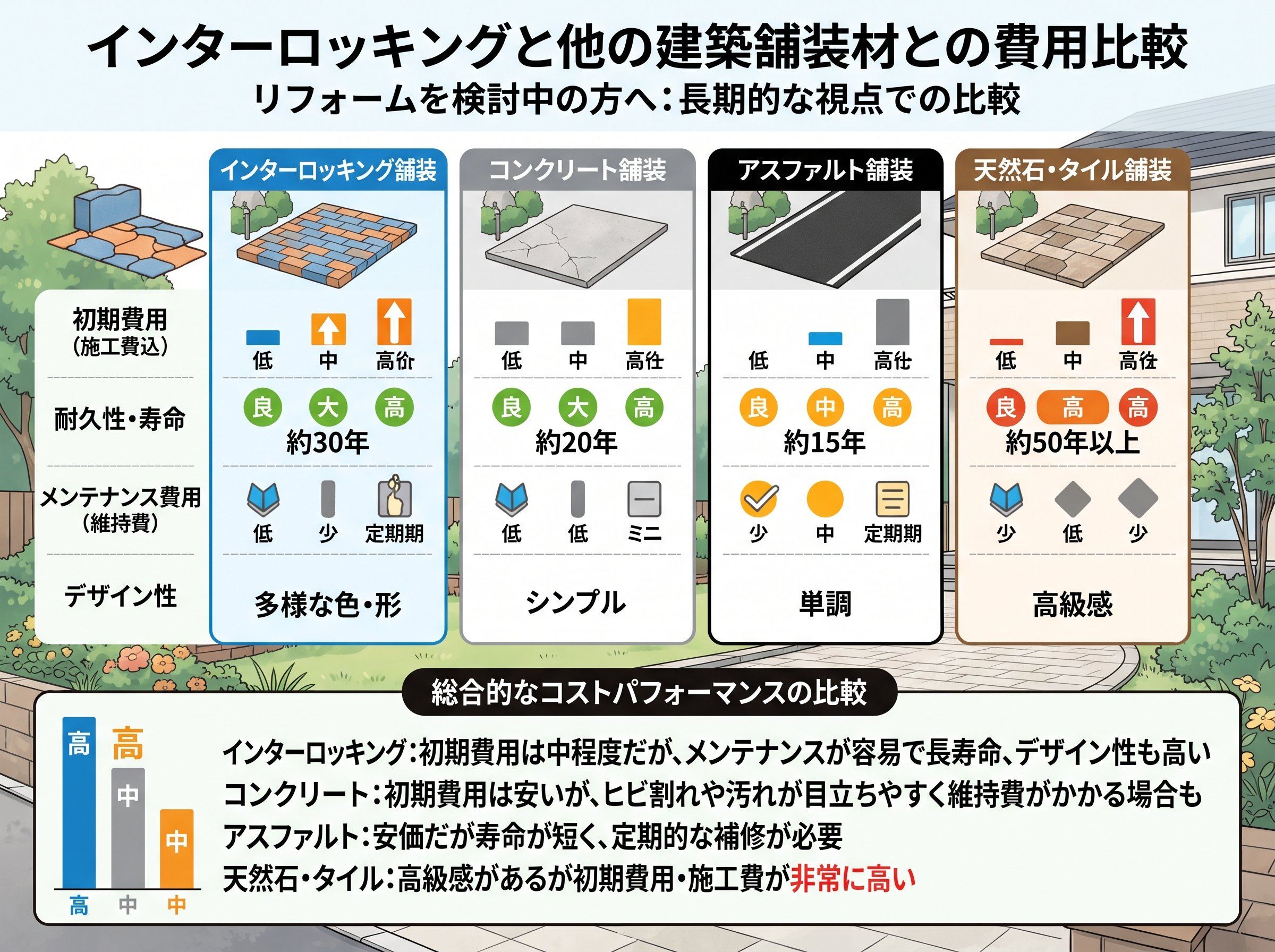 インターロッキングと他の建築舗装材との費用比較
