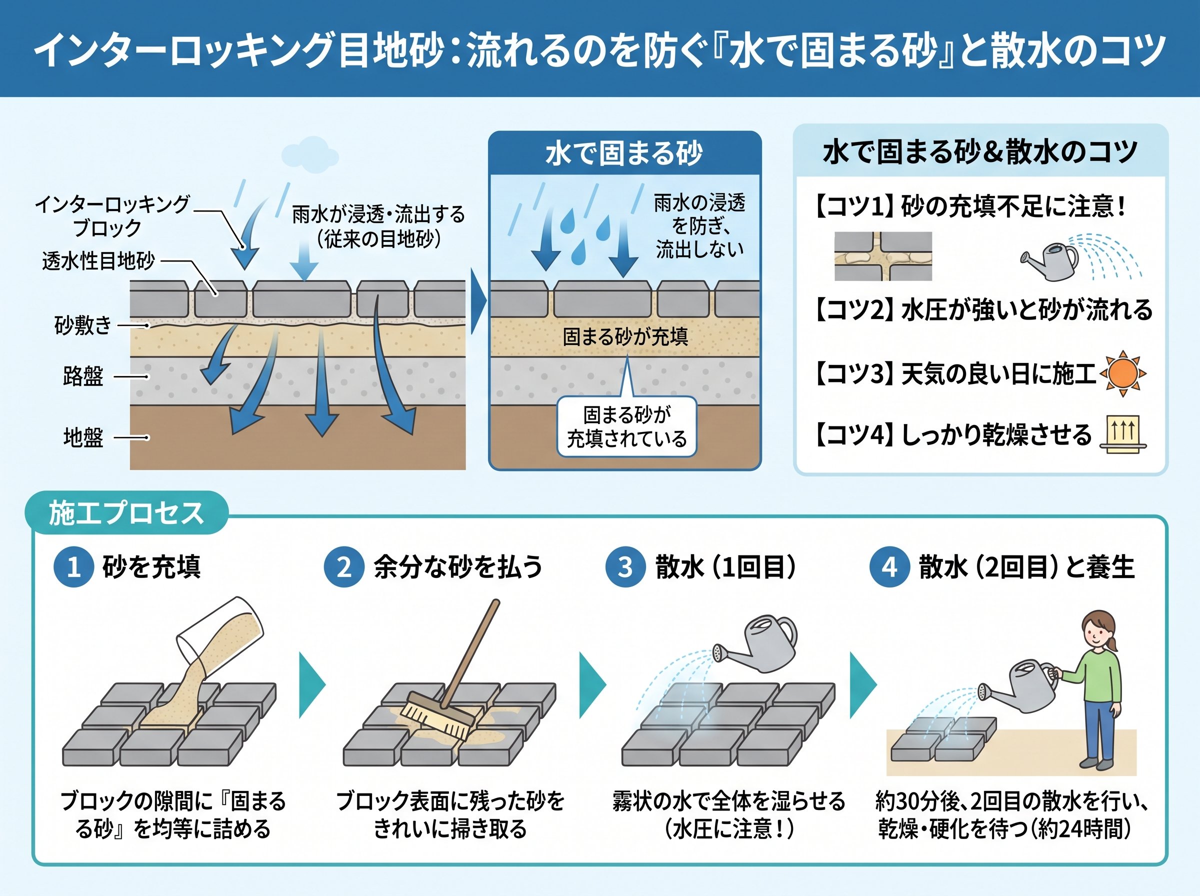 インターロッキング目地砂 流れるのを防ぐ水で固まる砂と散水のコツ