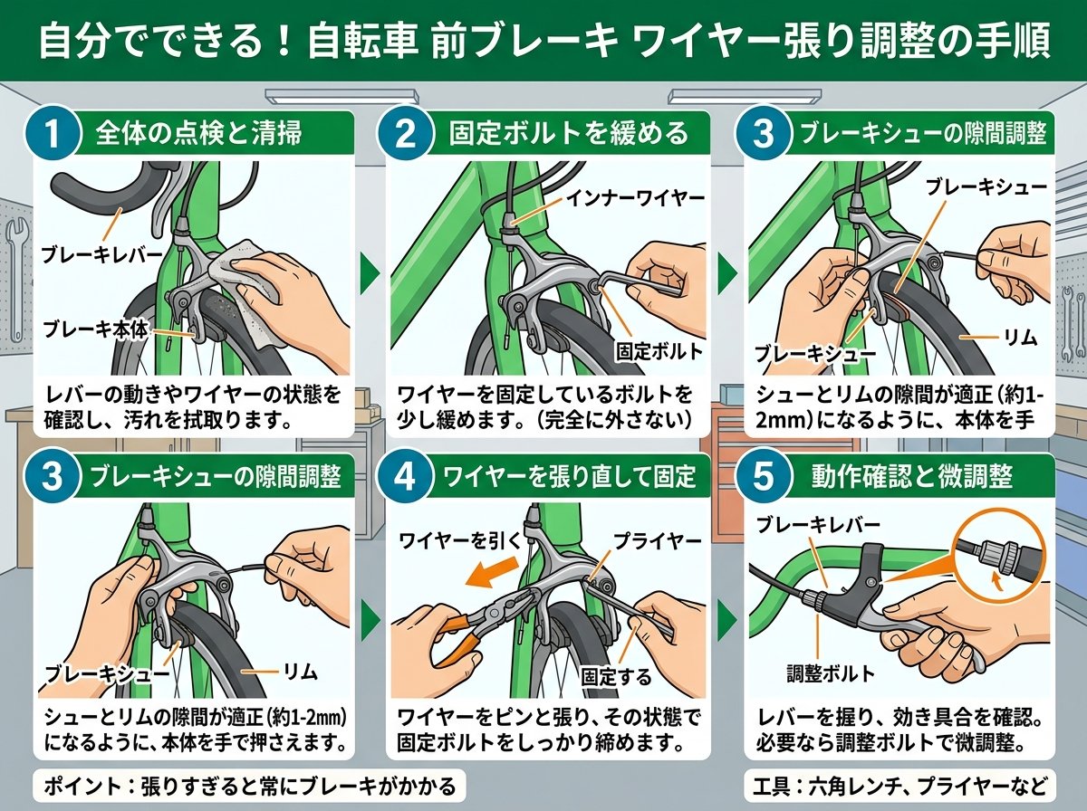 自転車前ブレーキのワイヤー張り調整の手順