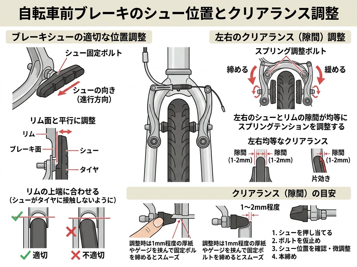 自転車前ブレーキのシュー位置とクリアランス調整
