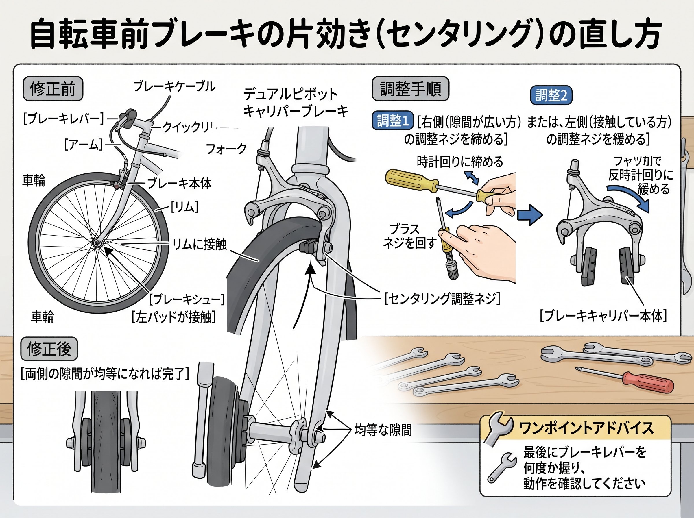 自転車前ブレーキの片効き（センタリング）の直し方